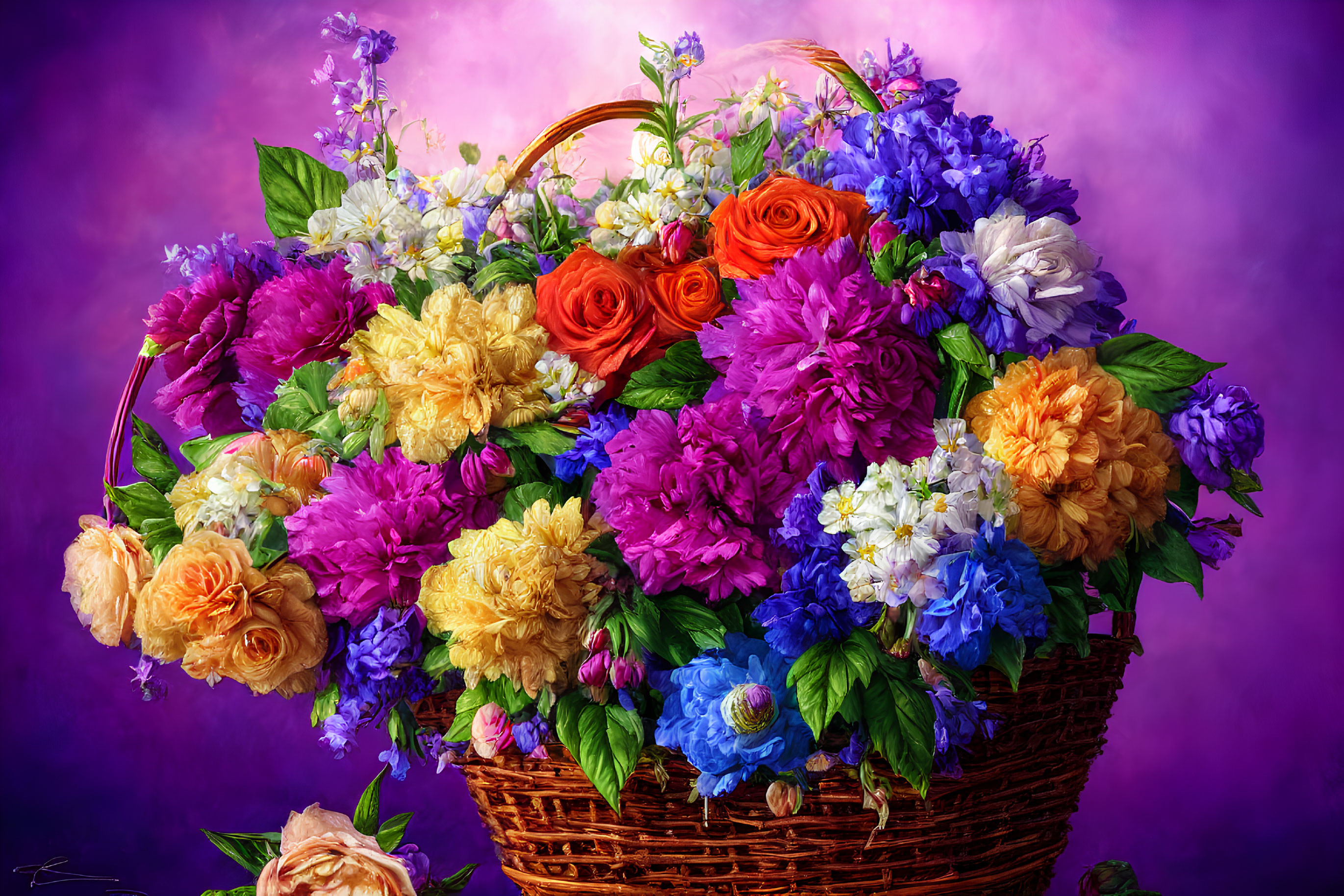 Colorful Mixed Flower Bouquet in Wicker Basket on Purple Background