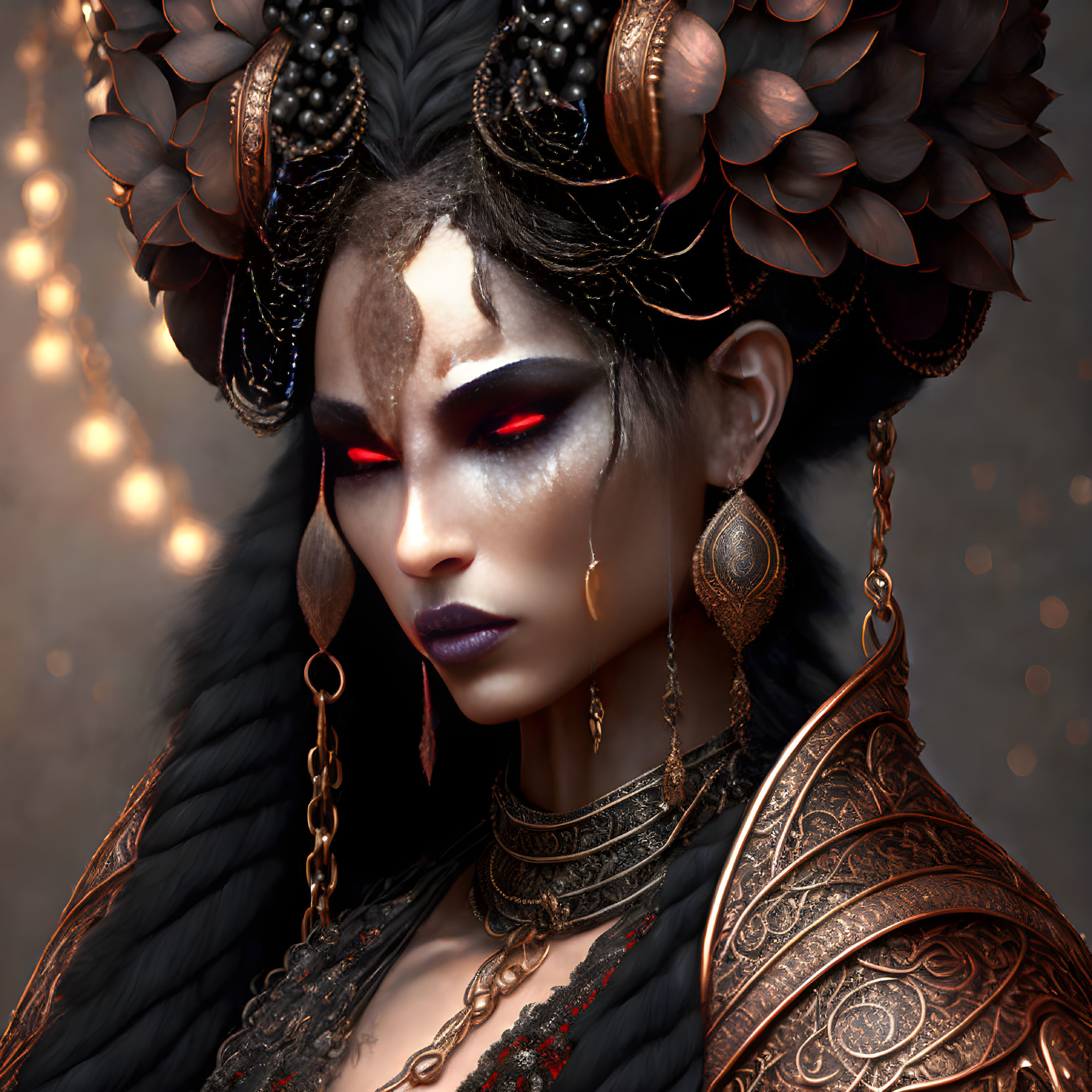 Fantasy portrait of female character with dark makeup, red eyes, ornate headdress, and intricate