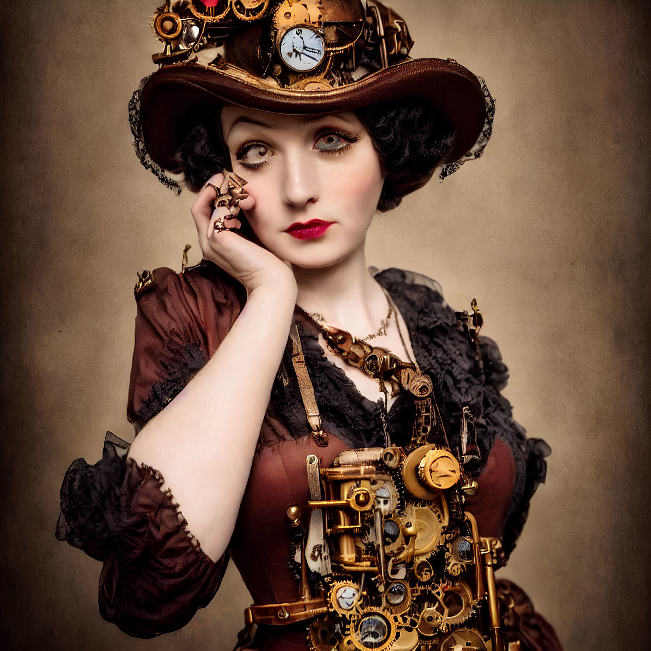 Steampunk-themed woman with gear-adorned hat and mechanical accessories posing thoughtfully