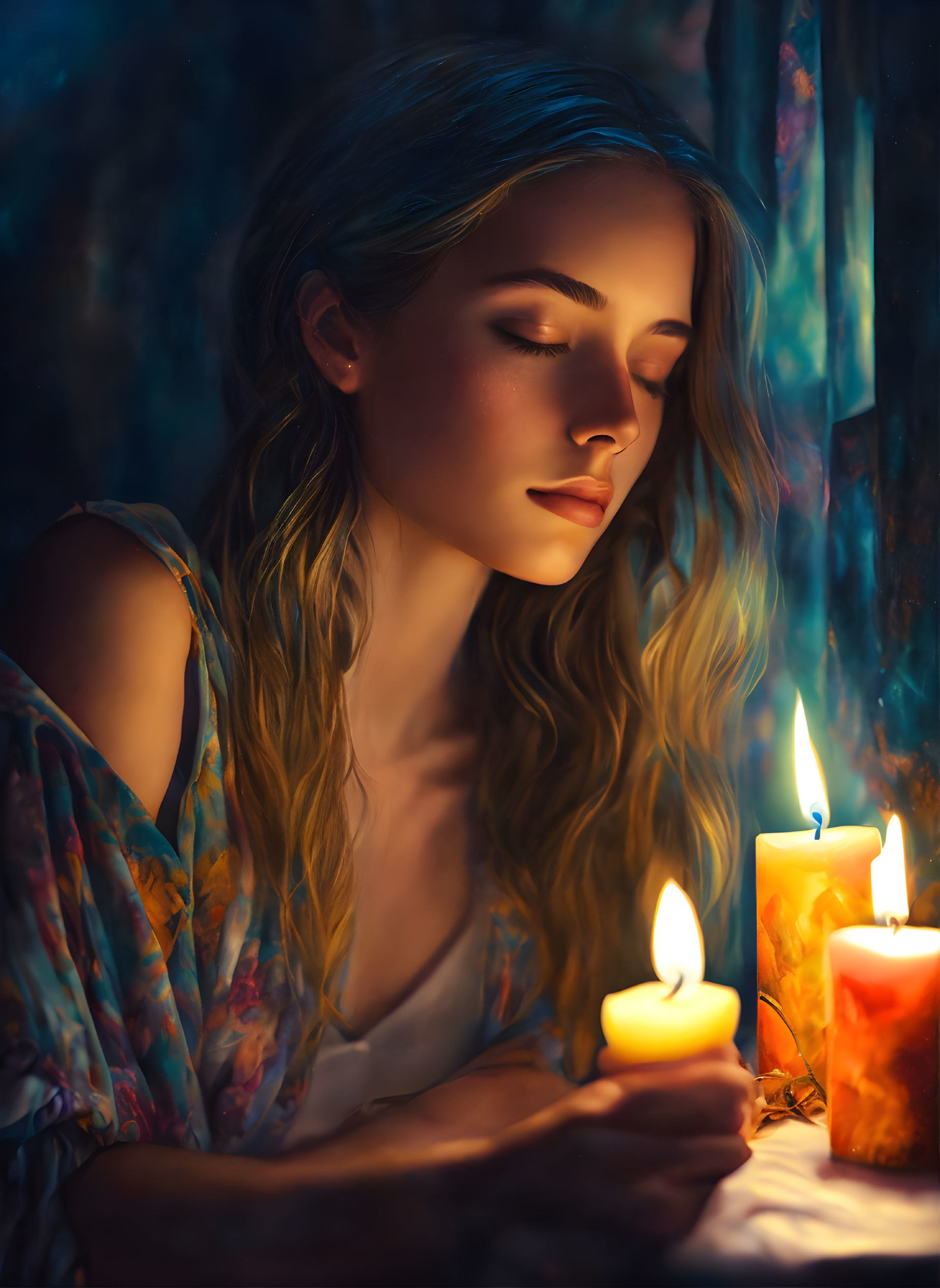 Pensive woman in floral dress by lit candle