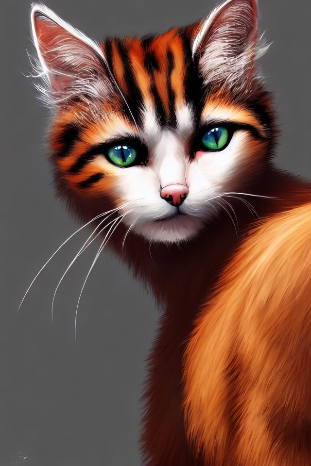 Detailed Digital Illustration of Orange-Striped Cat with Green Eyes