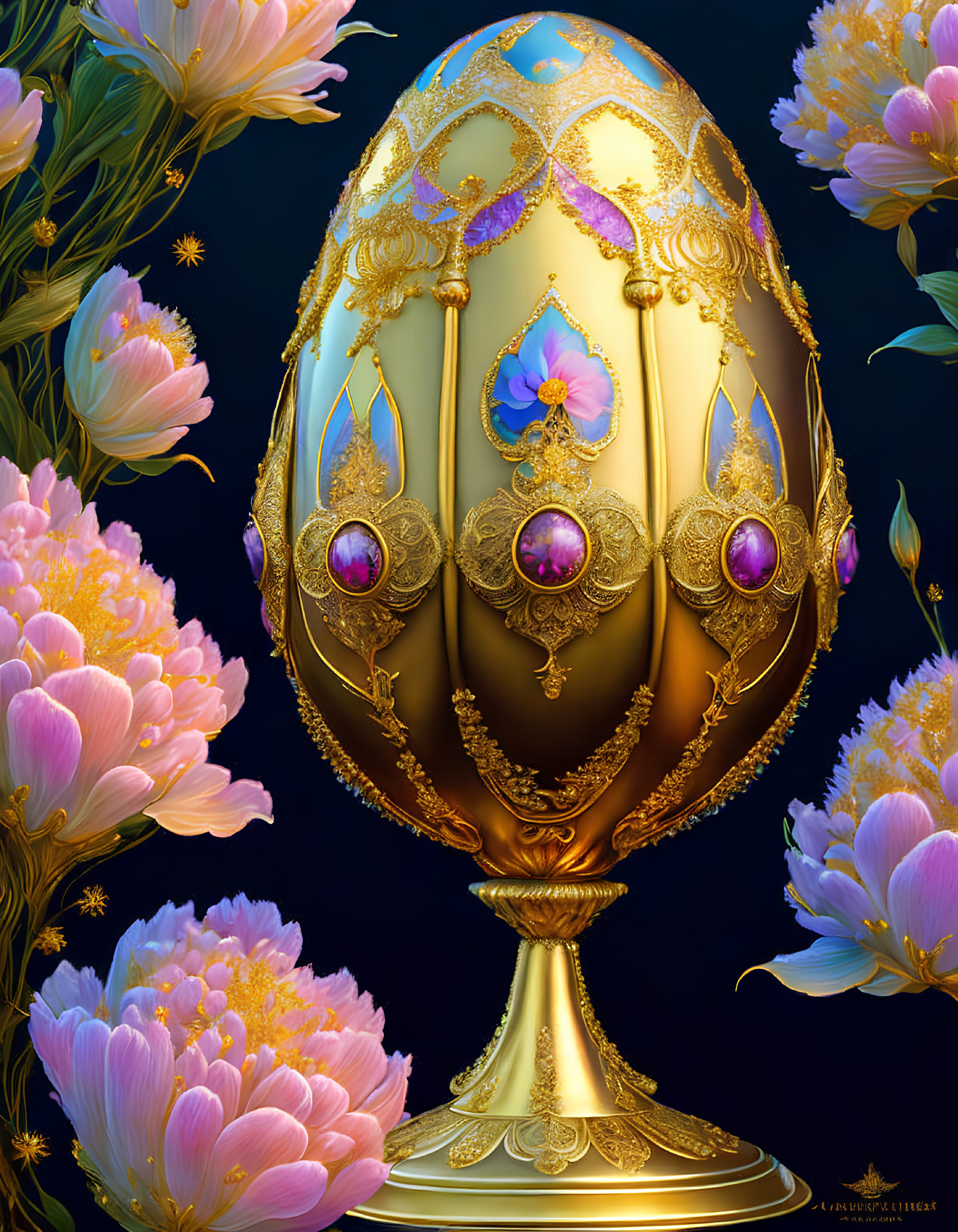 Intricate Golden Egg with Jewels and Pink Flowers on Dark Background