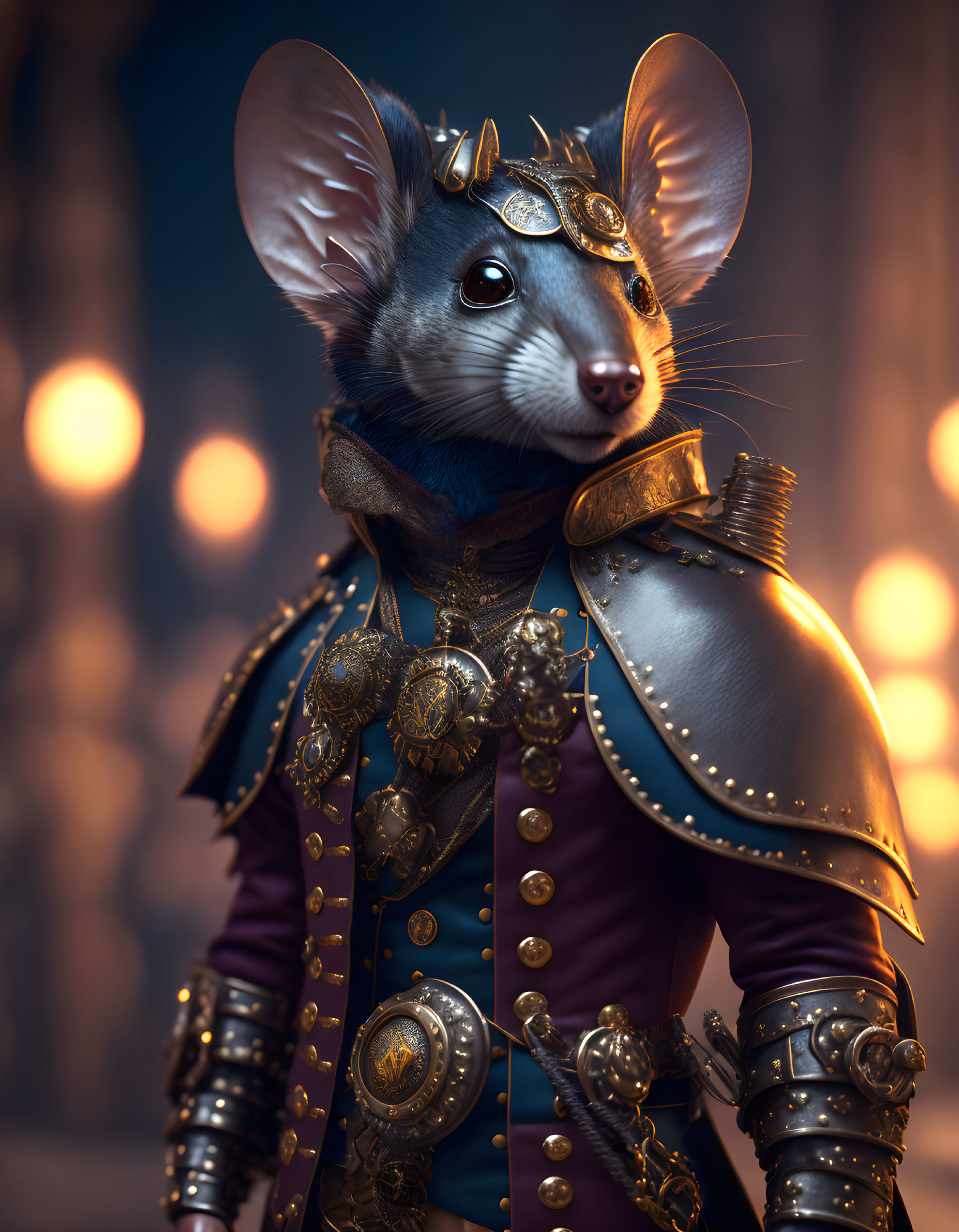 Medieval-themed anthropomorphic mouse in ornate armor and regal cape