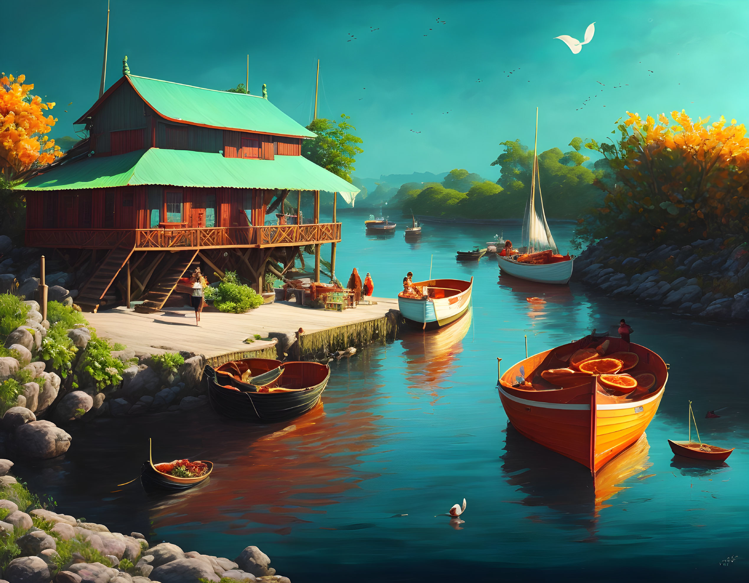 Tranquil lakeside view with boats, dock, house, and people on a sunny day