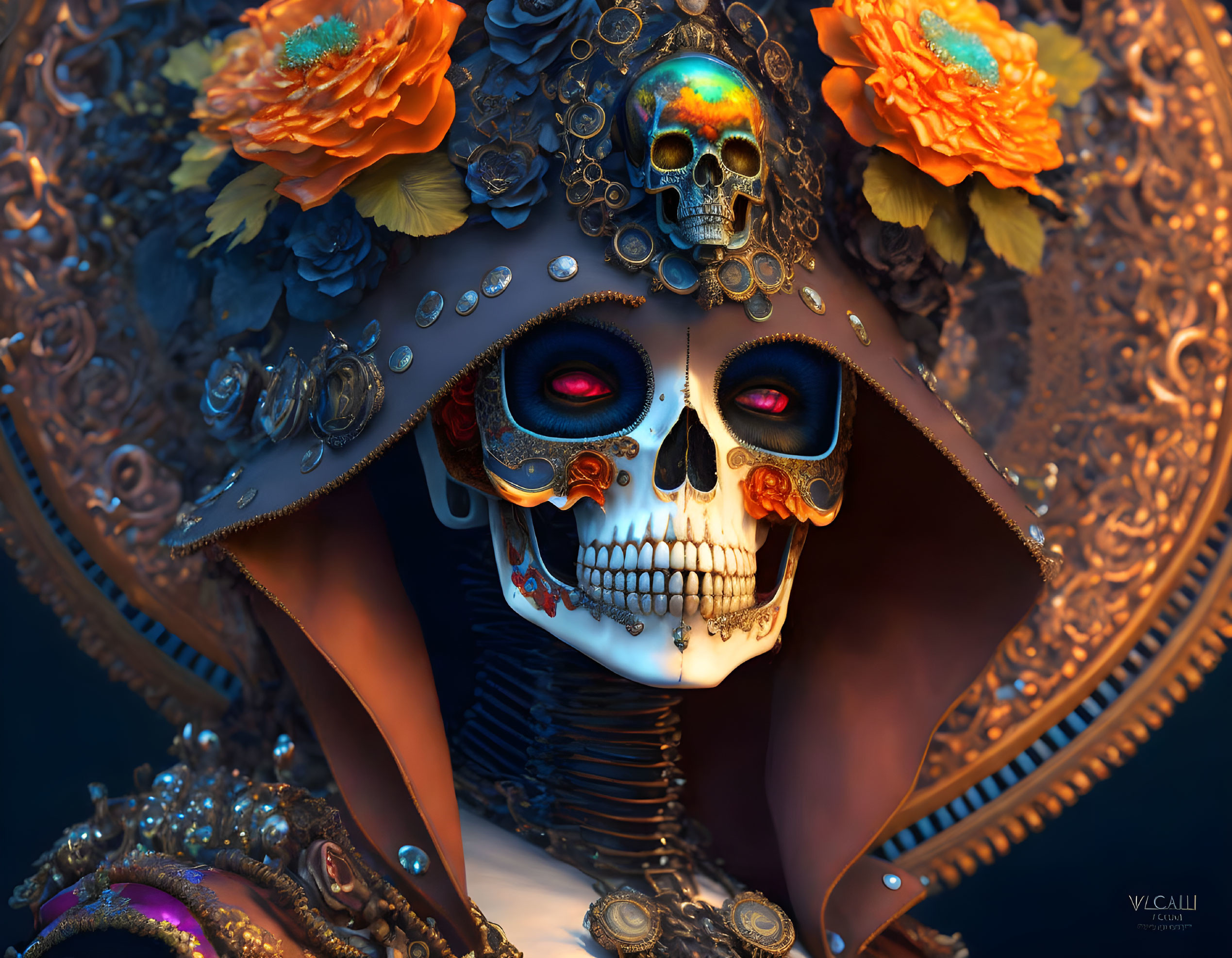 Vibrant digital artwork: figure with floral skull mask, gold details