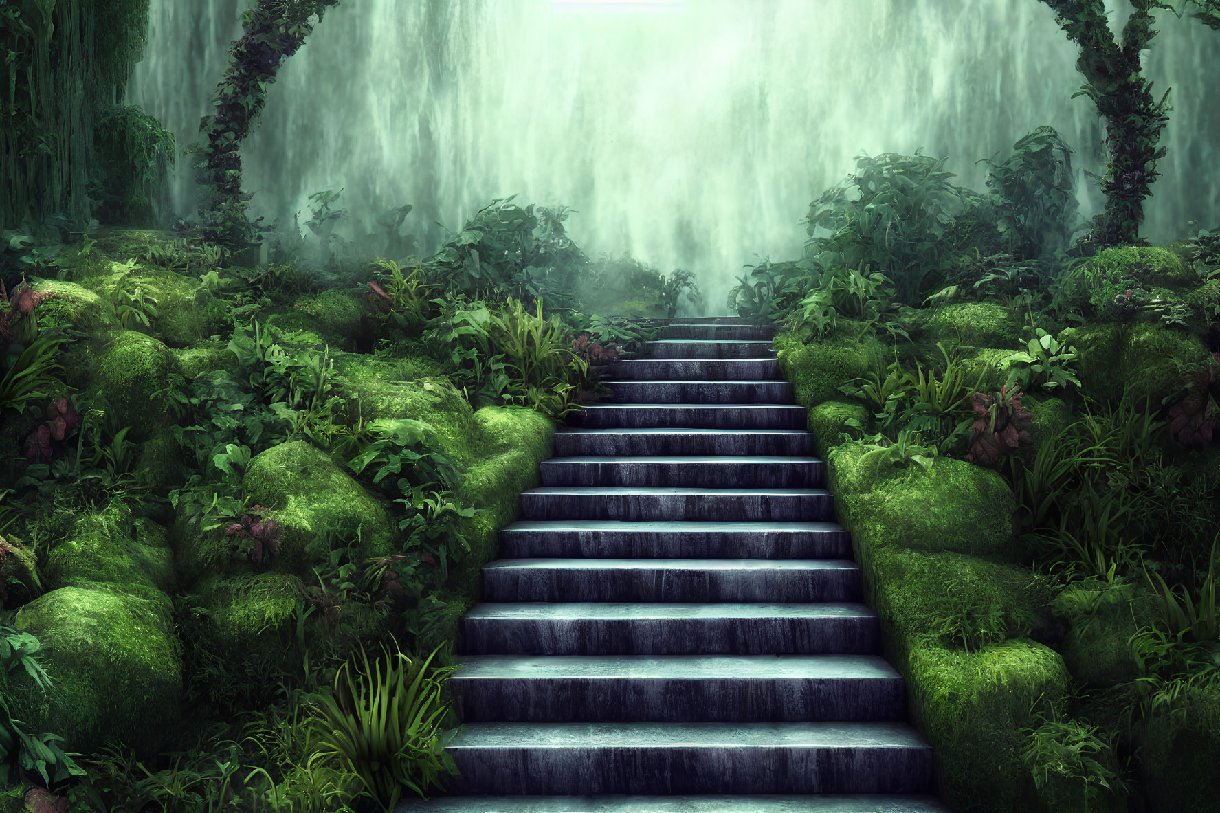 Mossy forest stone steps lead to misty waterfall