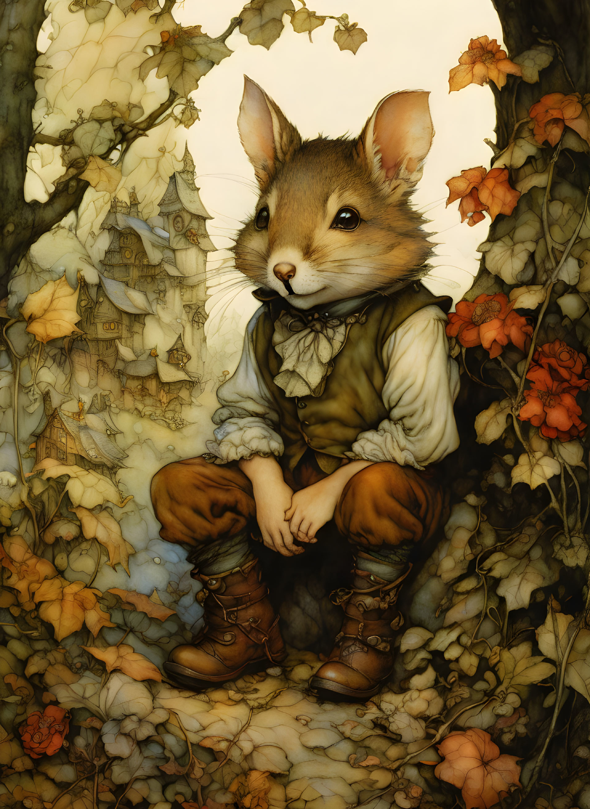 Illustrated mouse in human-like attire surrounded by leaves and whimsical treehouse.