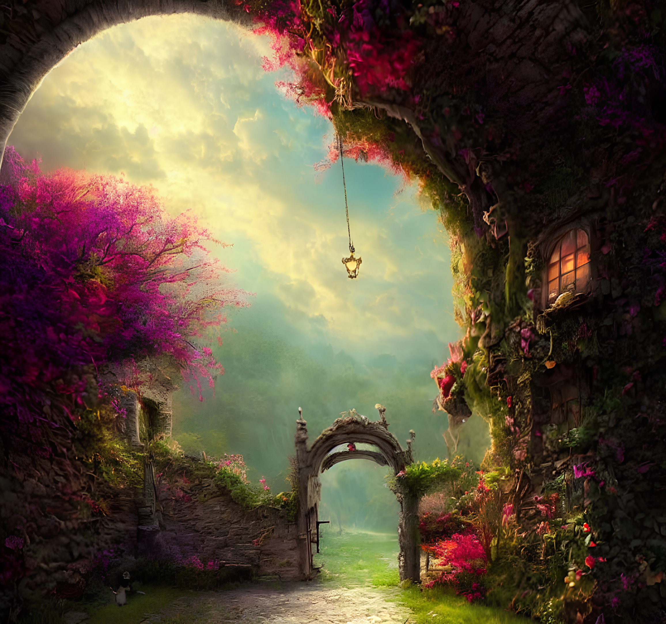 Sunlit garden with swing, pink trees, stone pathway, arched entryway