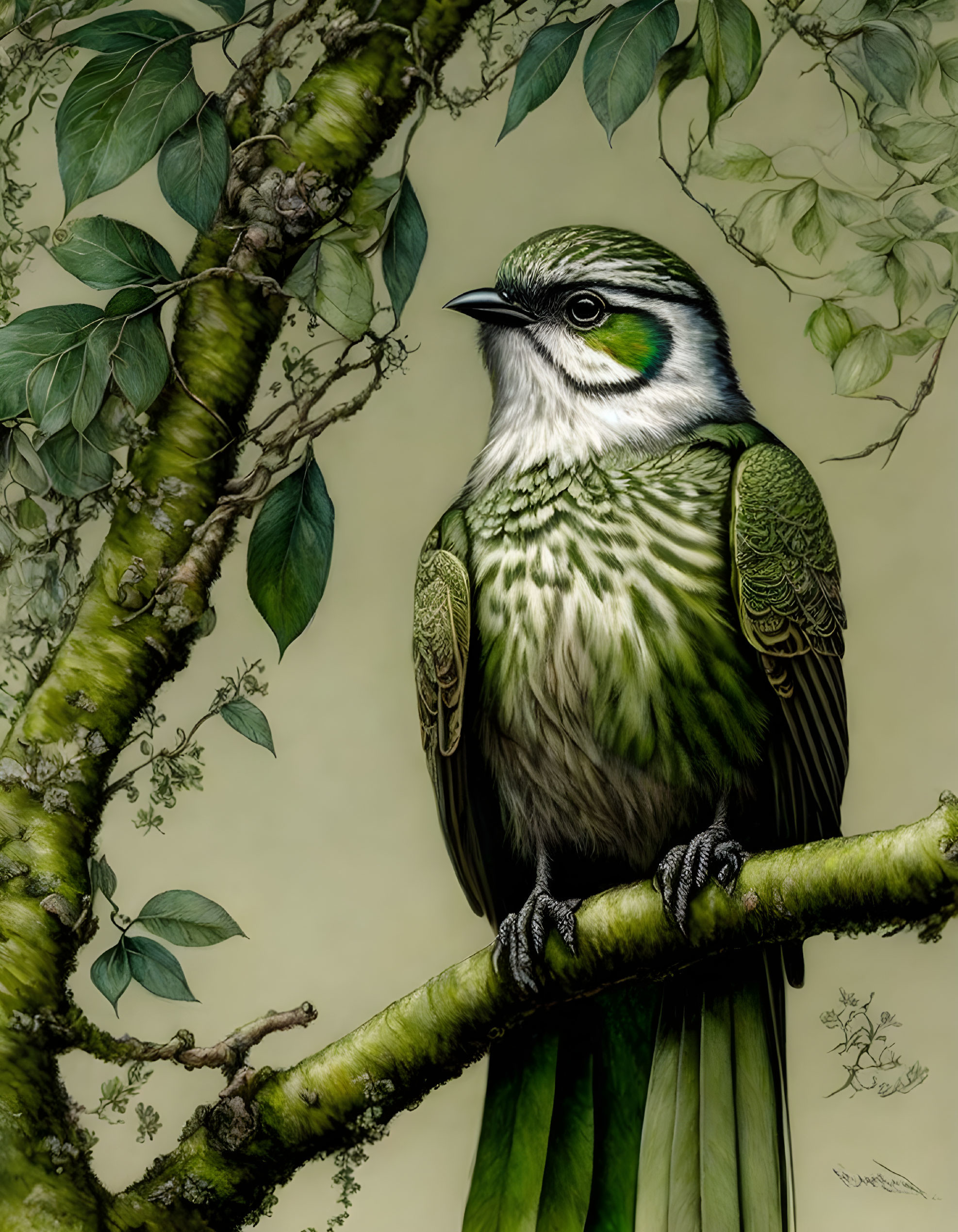 Realistic bird illustration with detailed green plumage on branch.