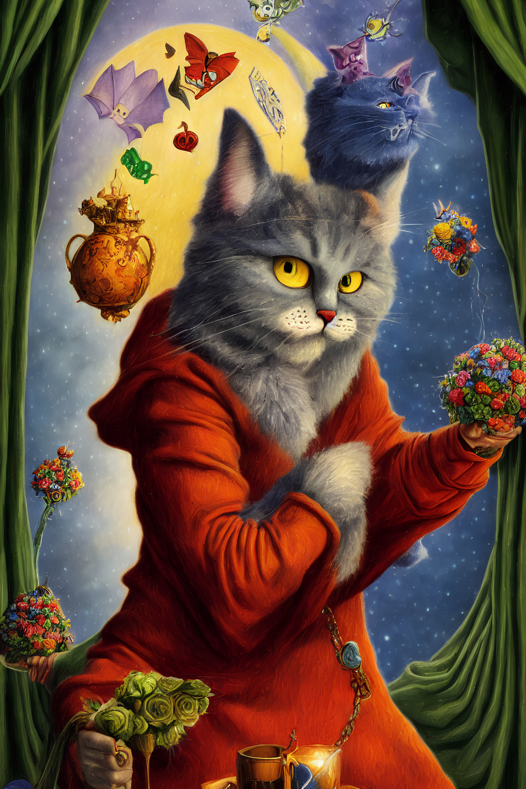 Whimsical gray cat in red robe with floating bats, hearts, and flowers on starry backdrop