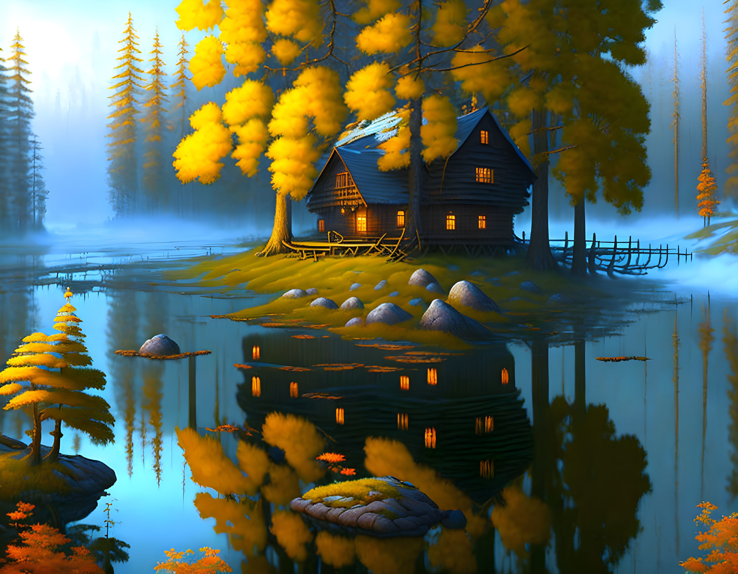 Tranquil autumn lake scene with wooden cabin and misty forest at dusk