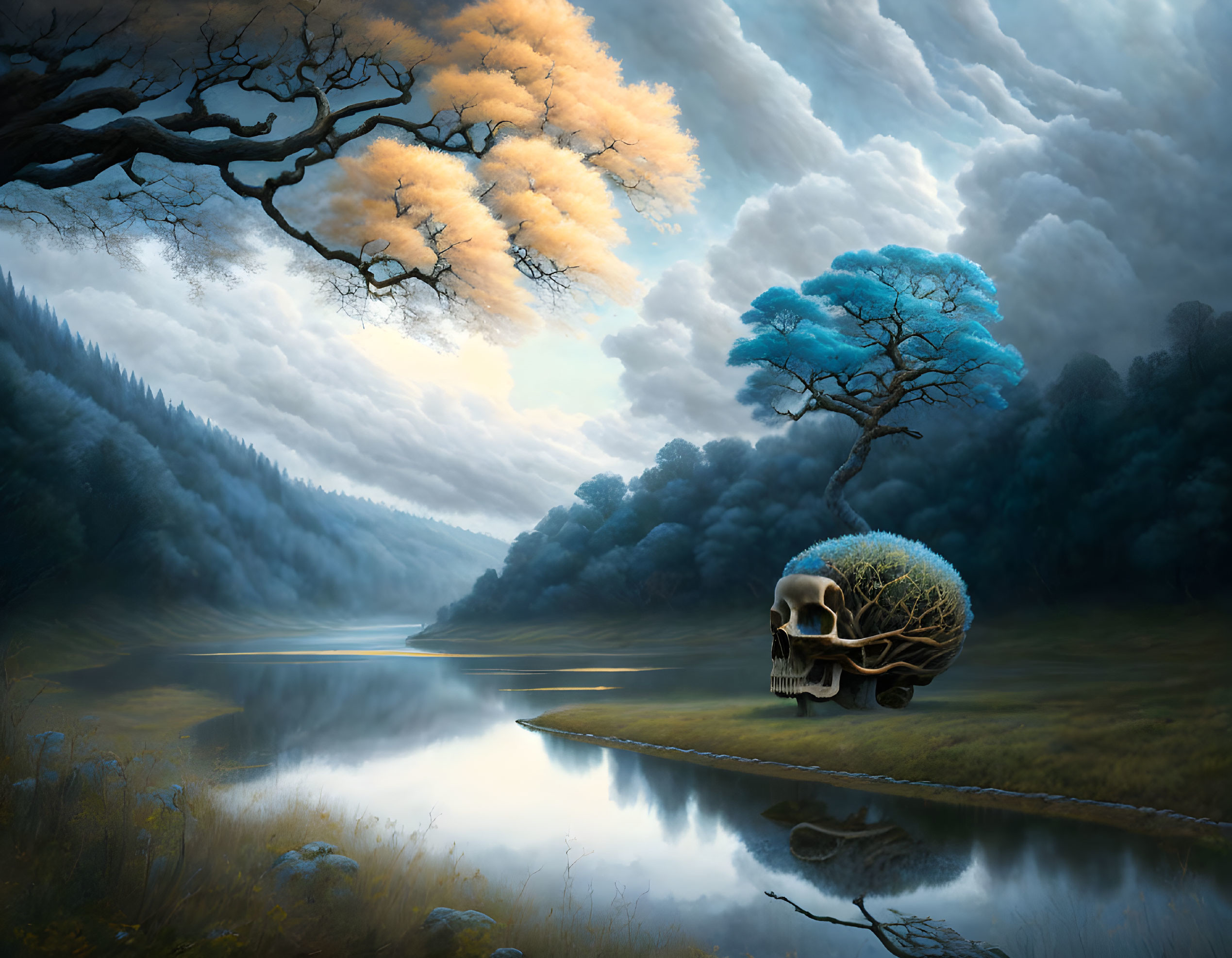 Skull-shaped landform with trees overlooking misty lake in surreal landscape