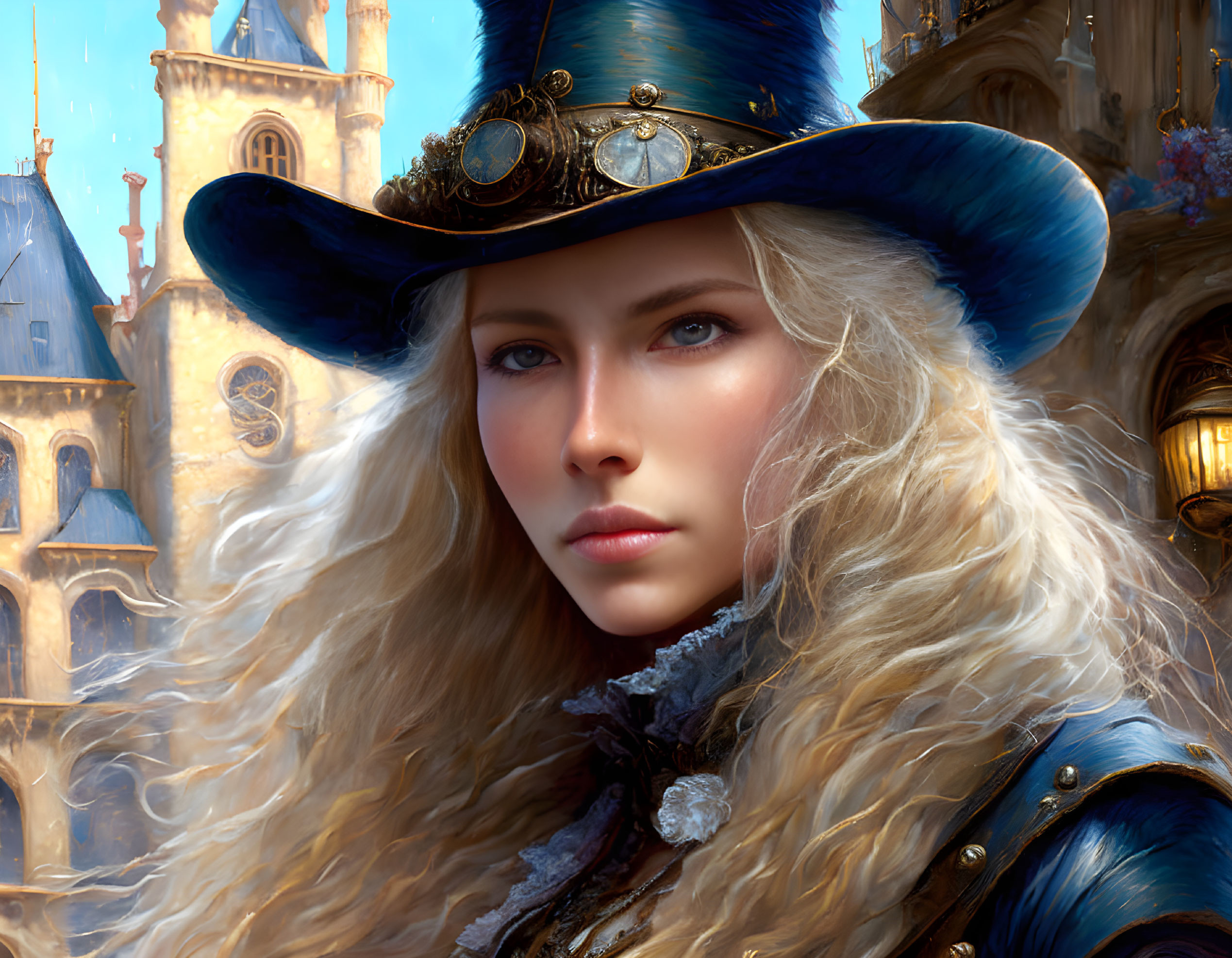 Fair-skinned woman in blue ornate coat with steampunk-style goggles