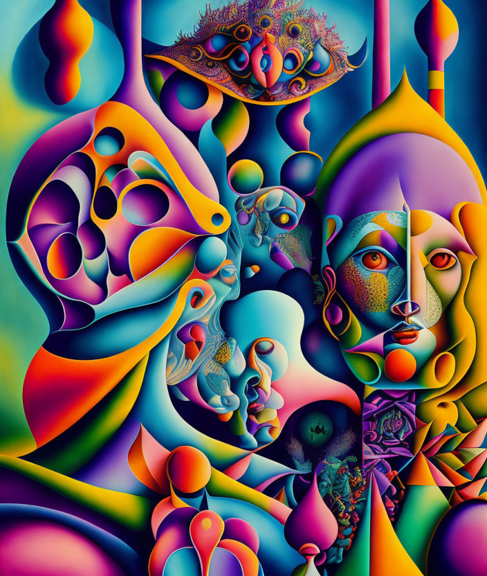 Vibrant surreal faces and shapes in colorful abstract art