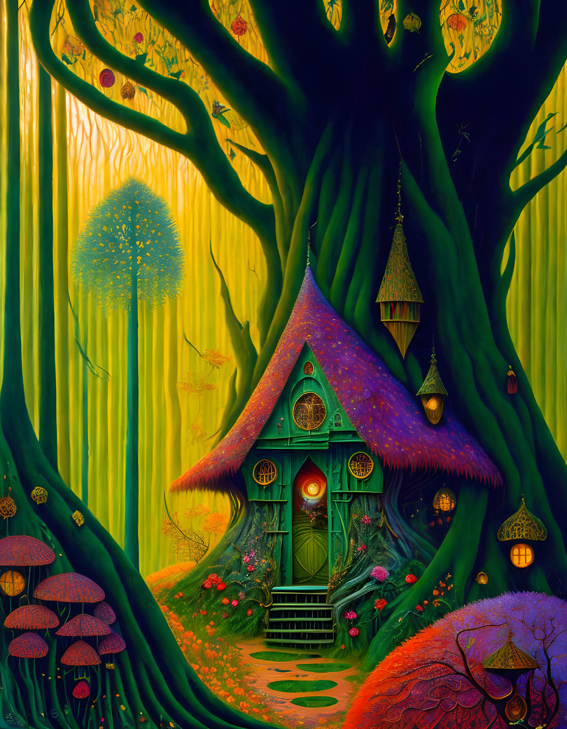 Whimsical illustration of fantastical treehouse with purple roof and oversized mushrooms.