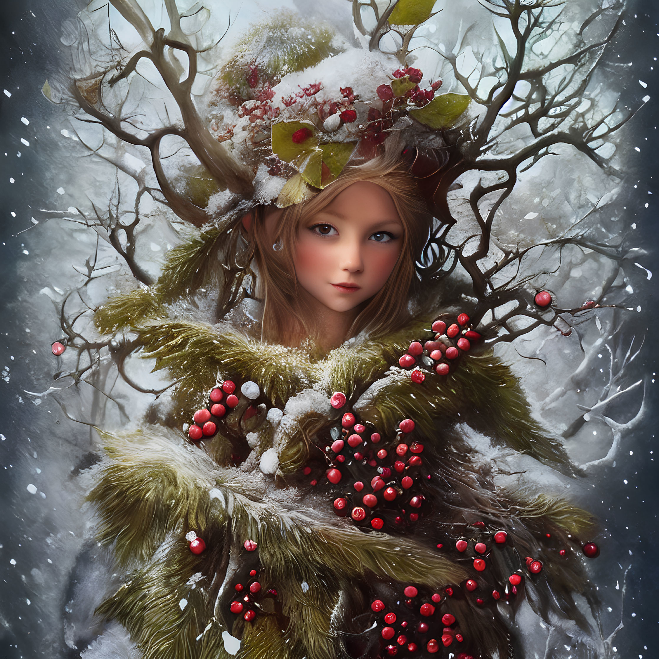 Young girl adorned with winter-themed nature elements like red berries and snow in attire and hair, emitting mystical