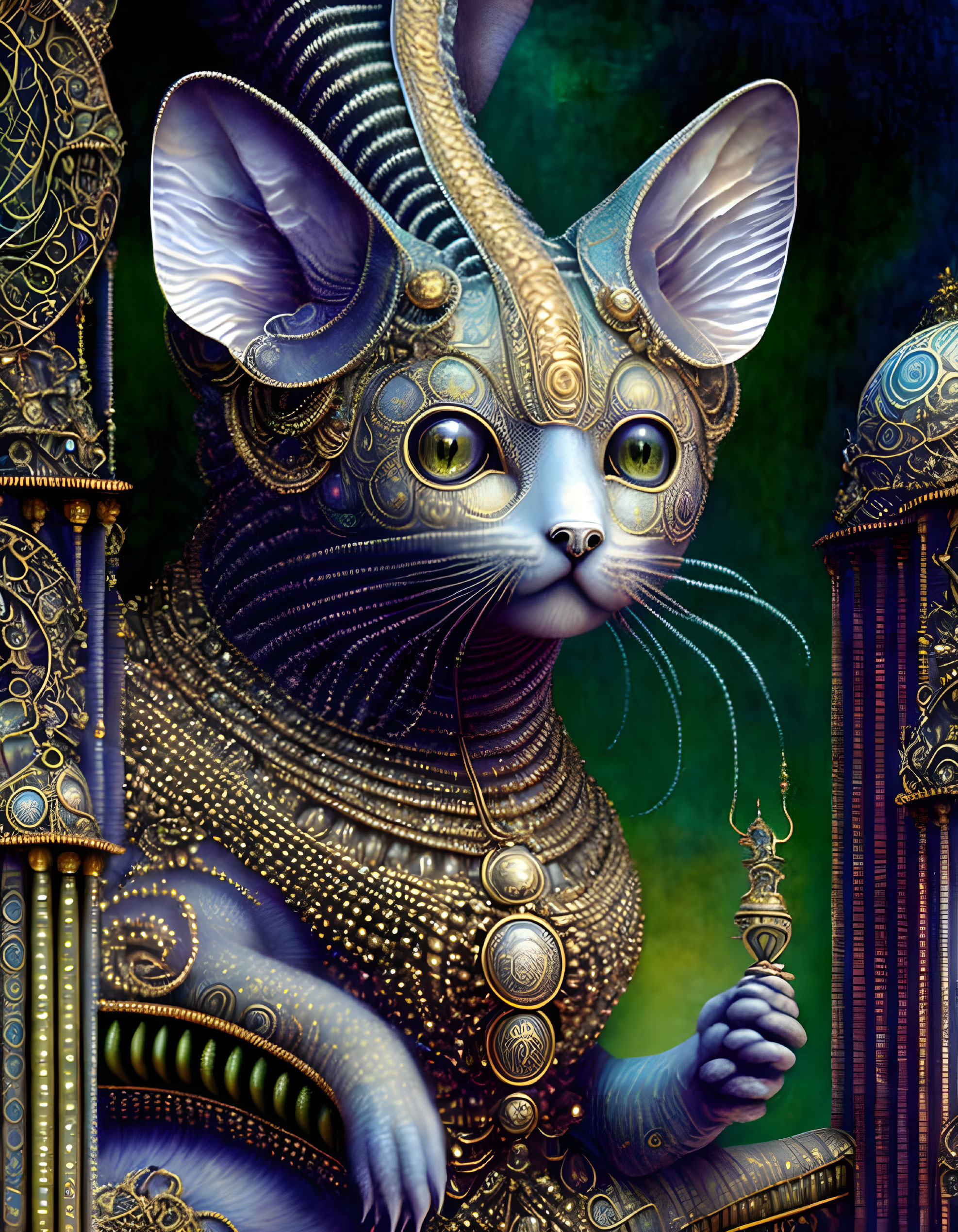 Ornately adorned cat in gold armor with scepter