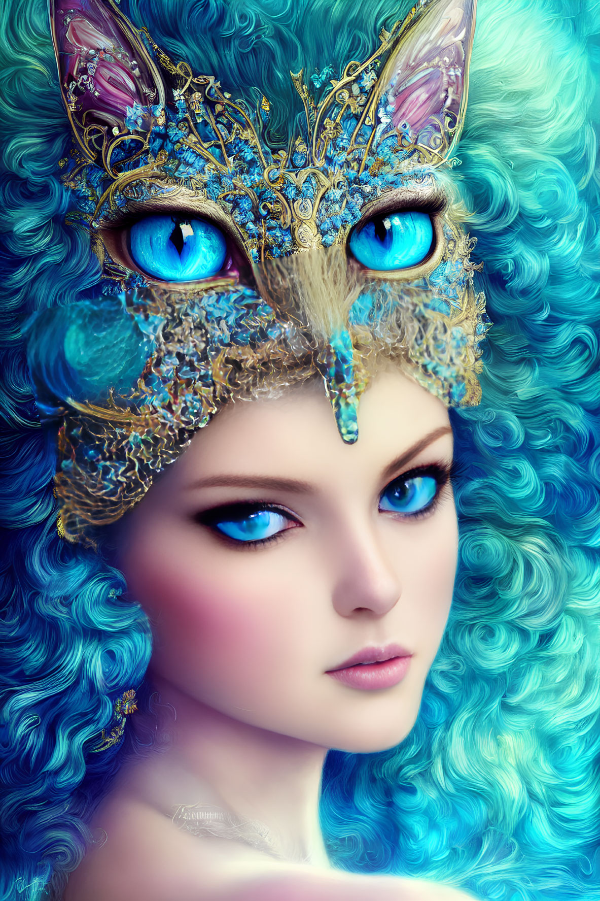 Vivid blue hair and eyes person in gold and blue cat mask