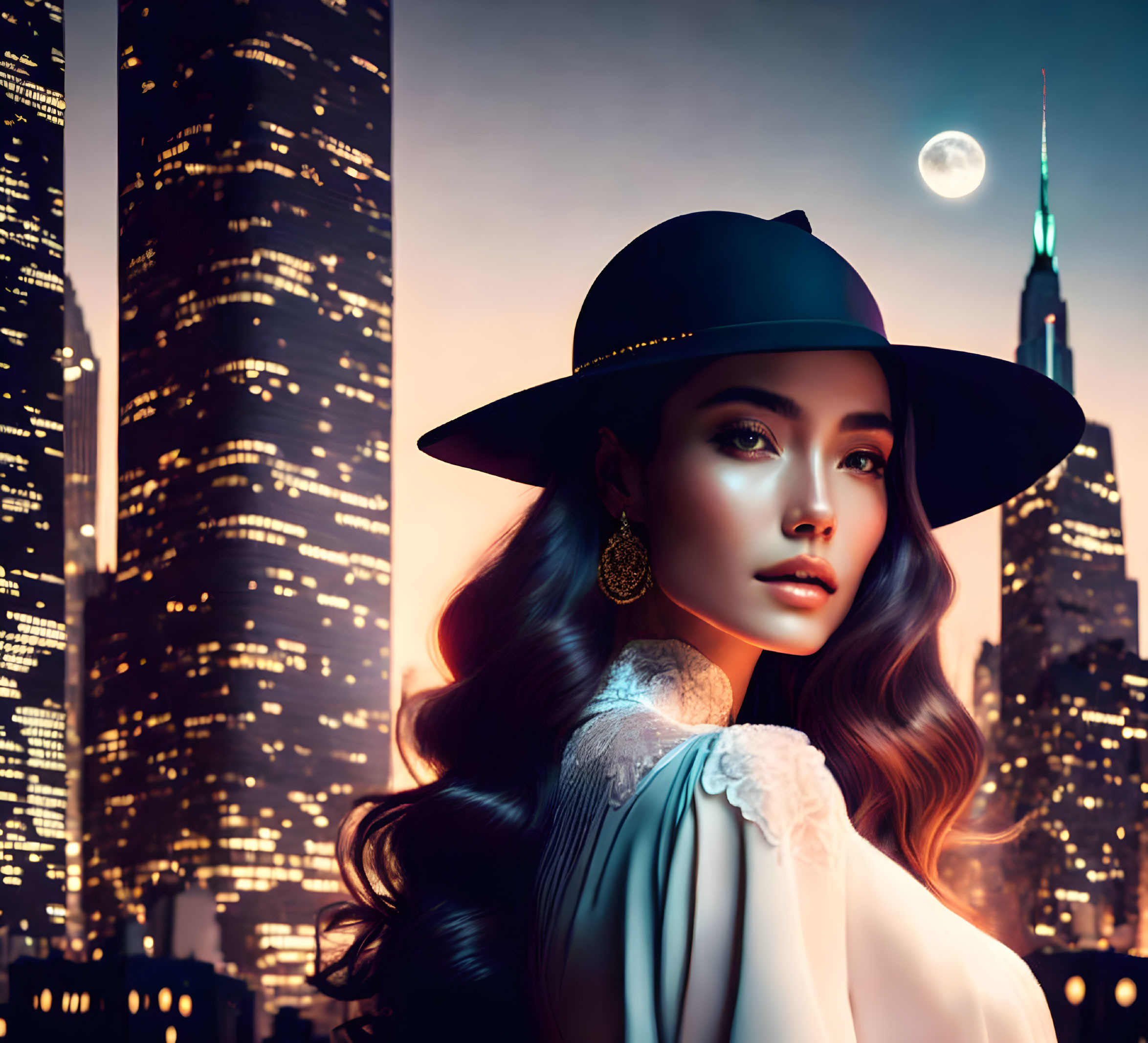 Stylish woman in wide-brimmed hat against cityscape at night