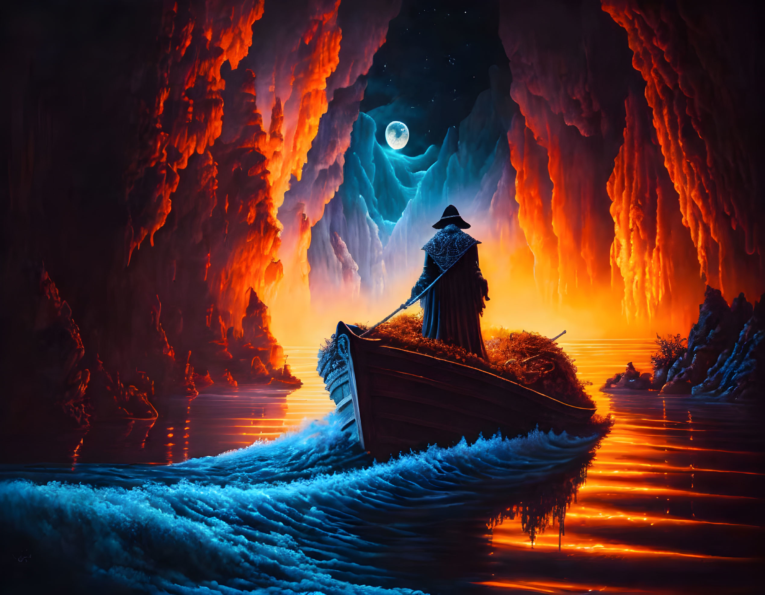 Cloaked figure in small boat navigating fiery red caverns under moonlit sky