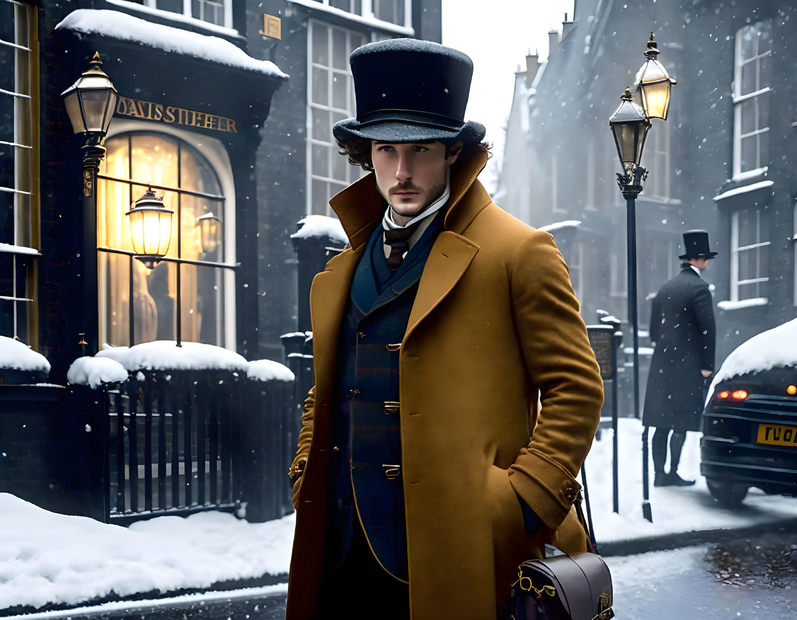 Vintage Yellow Overcoat & Top Hat on Snowy Street