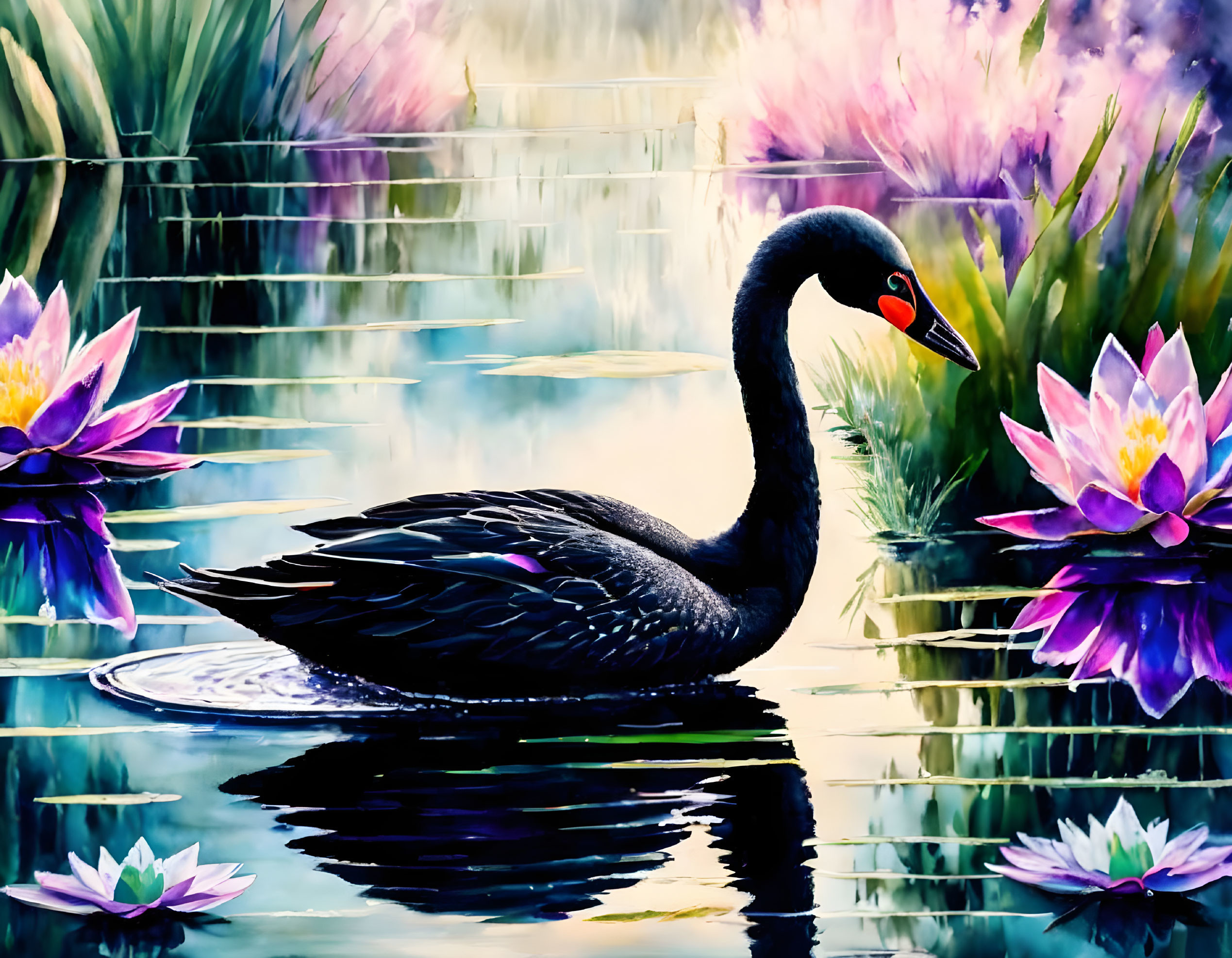 Black swan with red beak on tranquil pond with water lilies and greenery