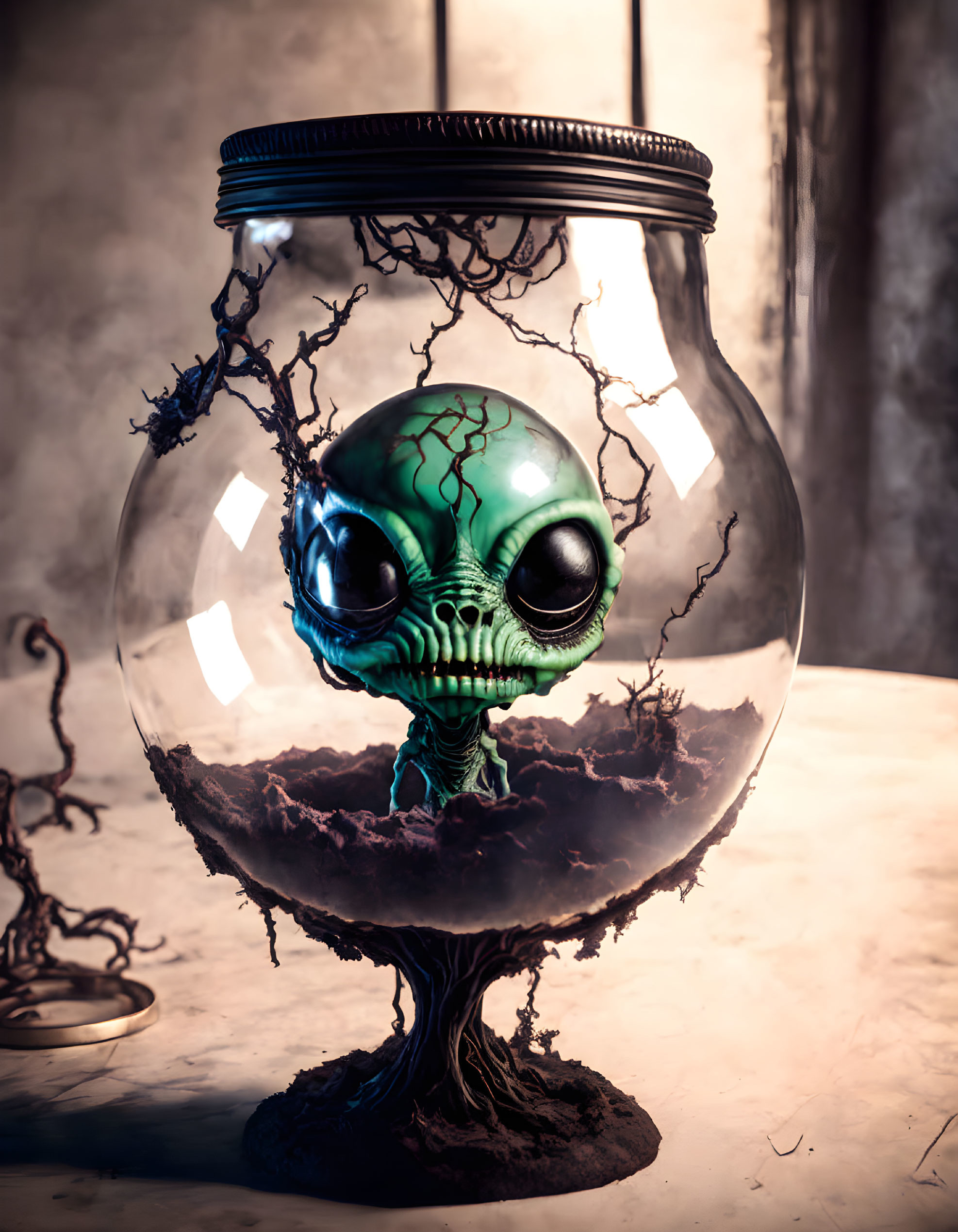 Intricate alien head sculpture in glass jar on table