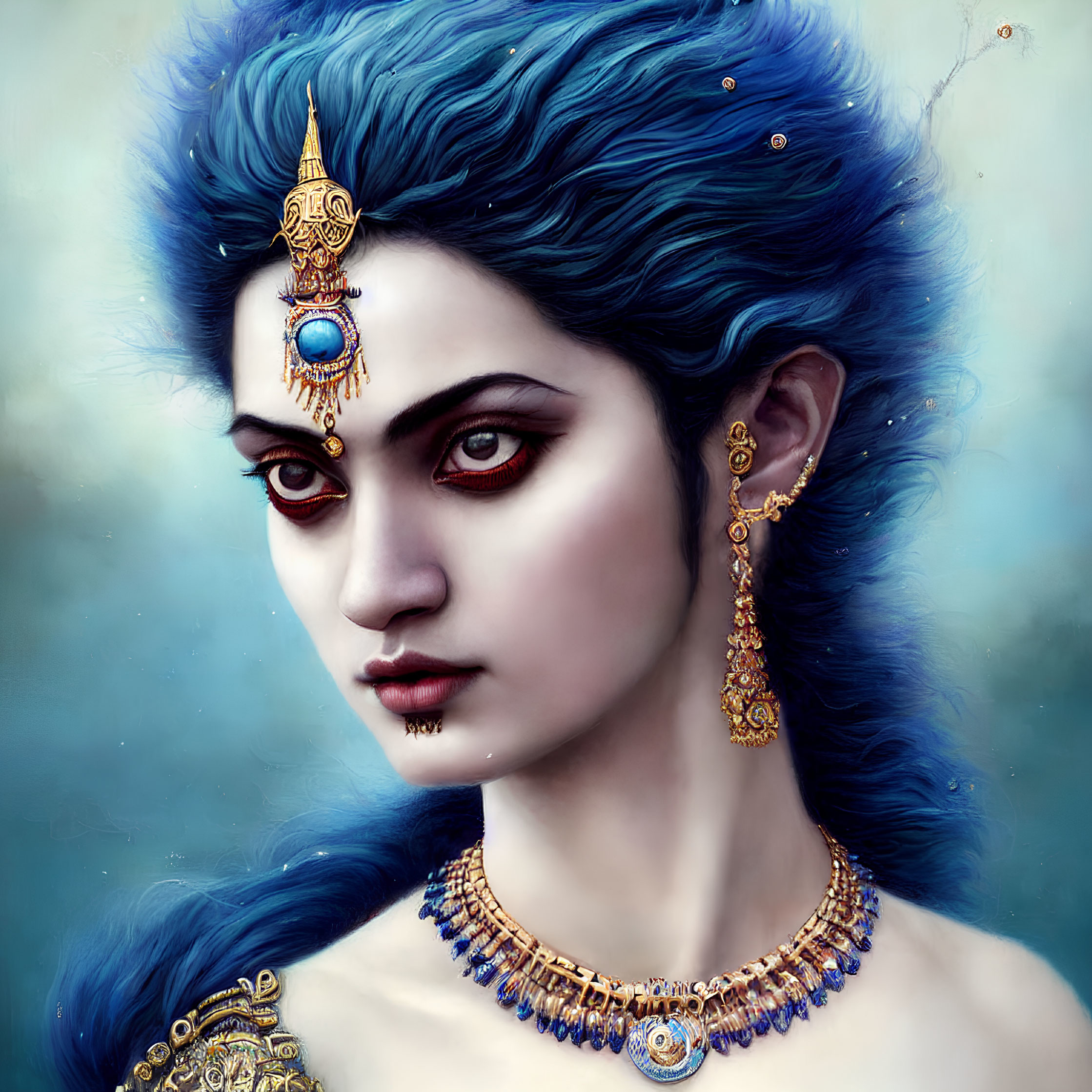 Illustration: Woman with Blue Hair and Red Eyes in Ornate Gold Jewelry on Soft Blue Background