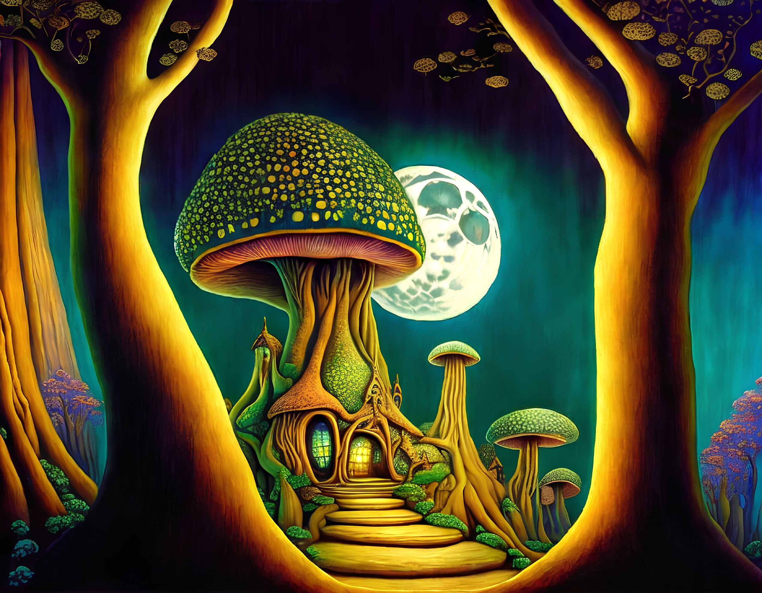 Enchanting fantasy forest with glowing mushroom house, full moon, and starry sky