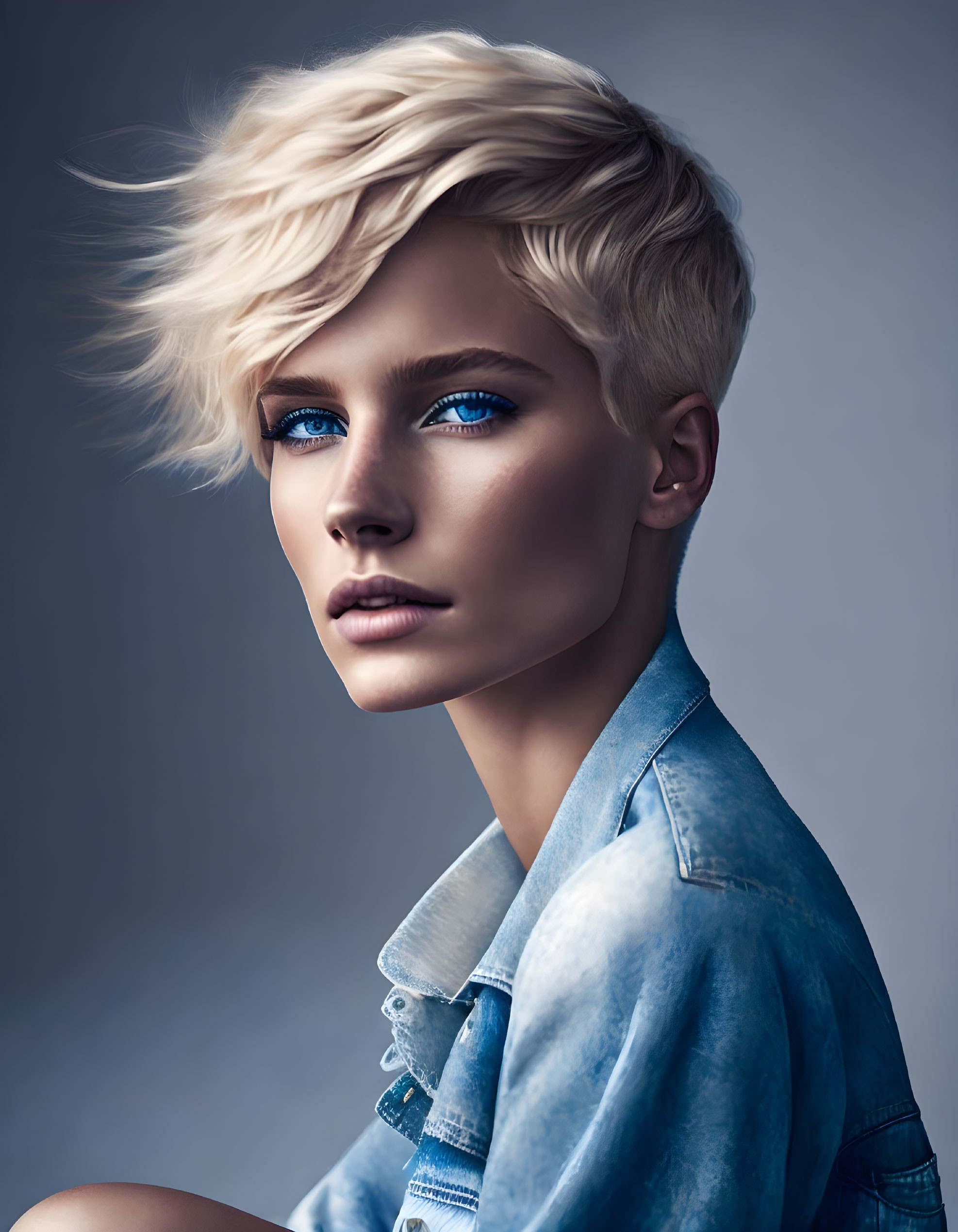 Portrait of a person with blue eyes, short blonde hair, and denim shirt