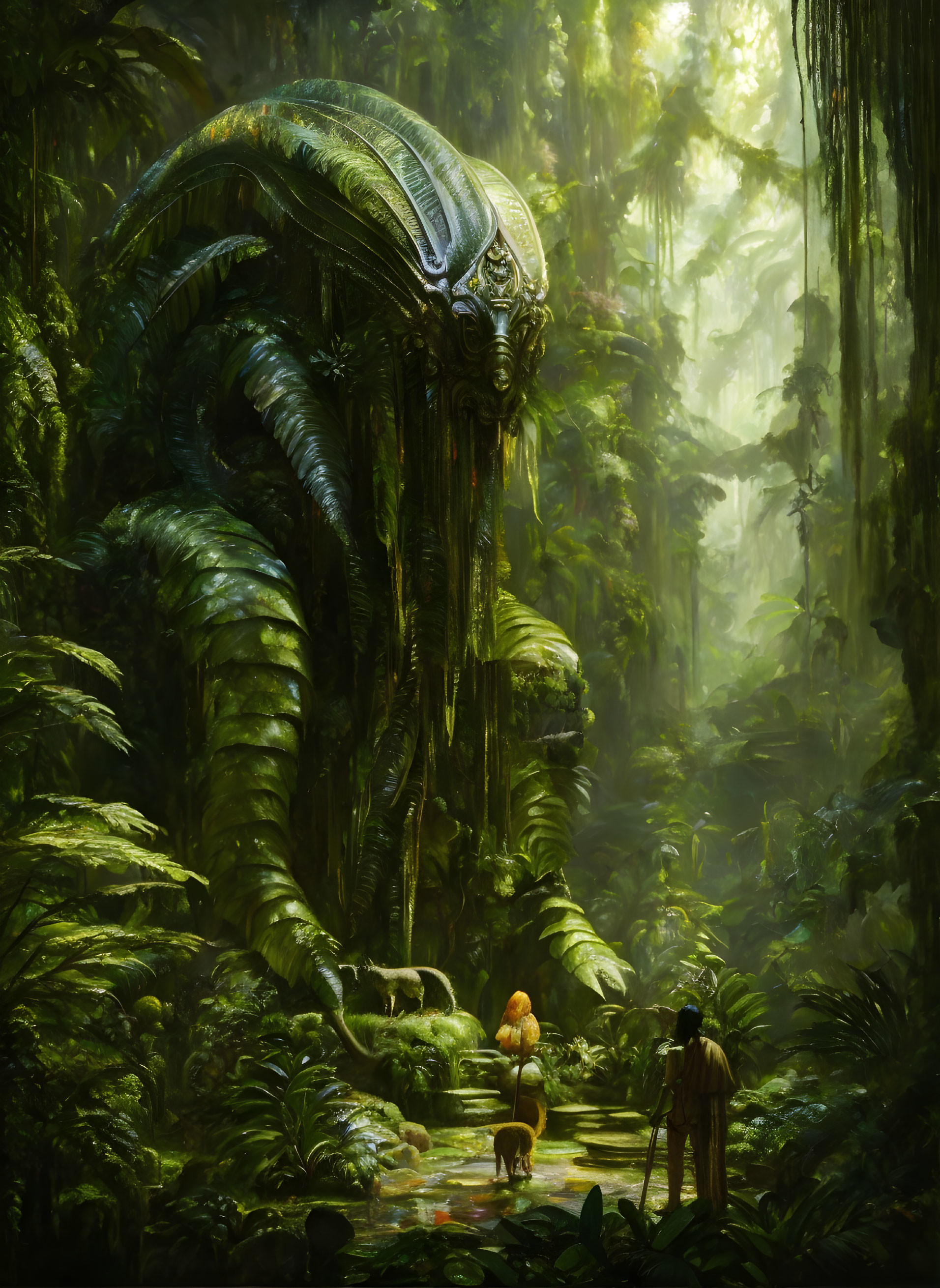 Giant alien creature with tentacles in lush rainforest landscape