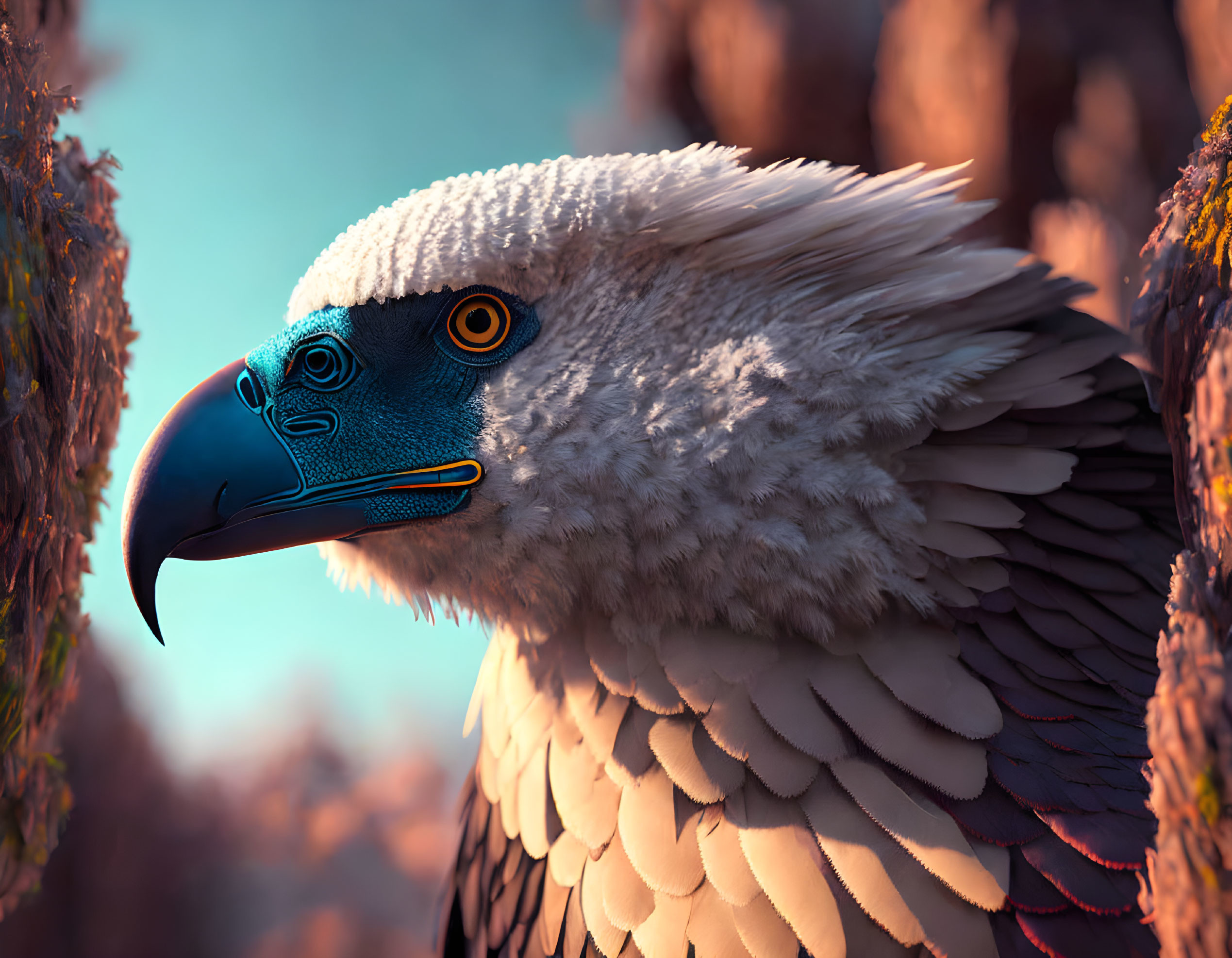 Detailed close-up of majestic eagle with intense yellow eyes and sharp beak.