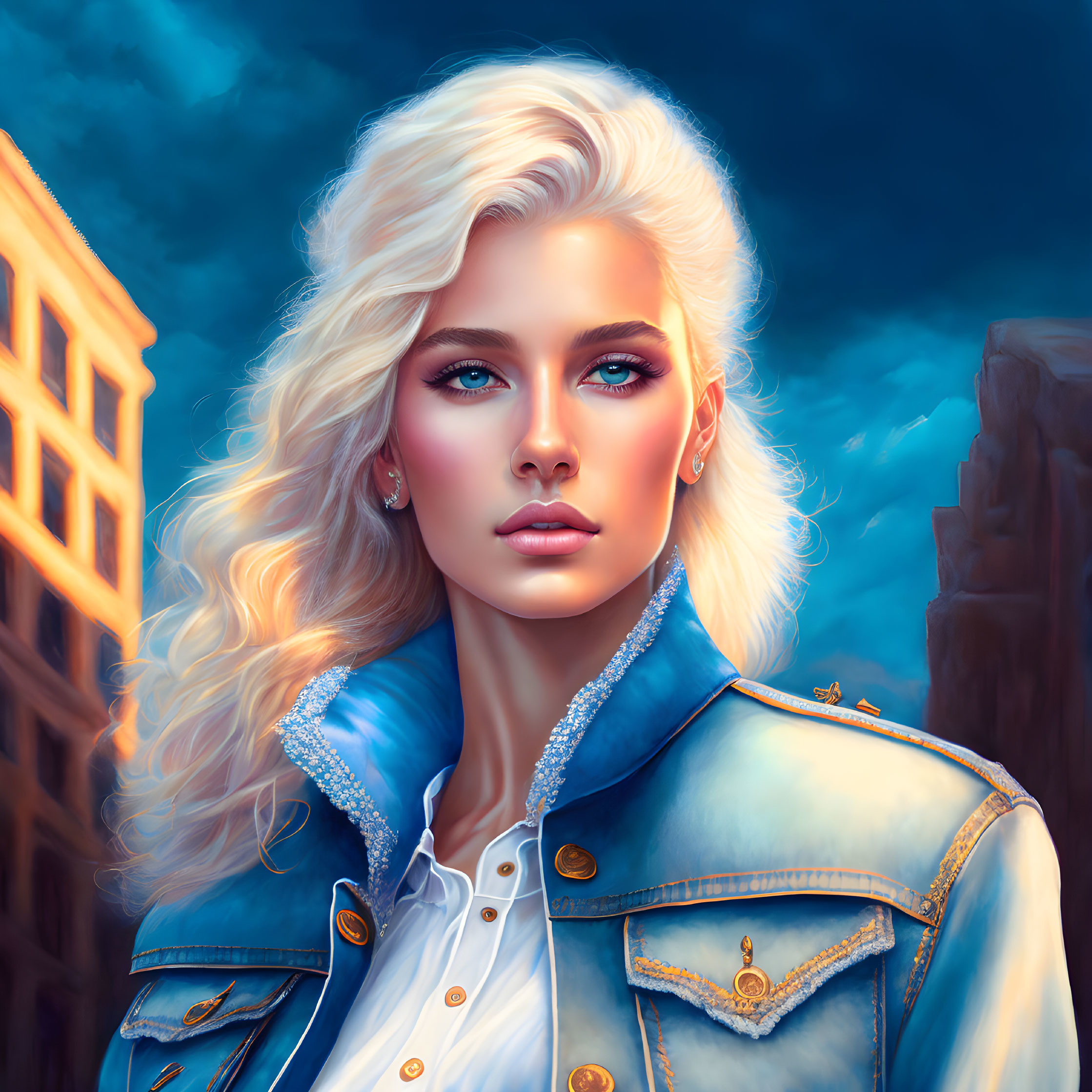 Blonde woman with blue eyes in denim jacket portrait