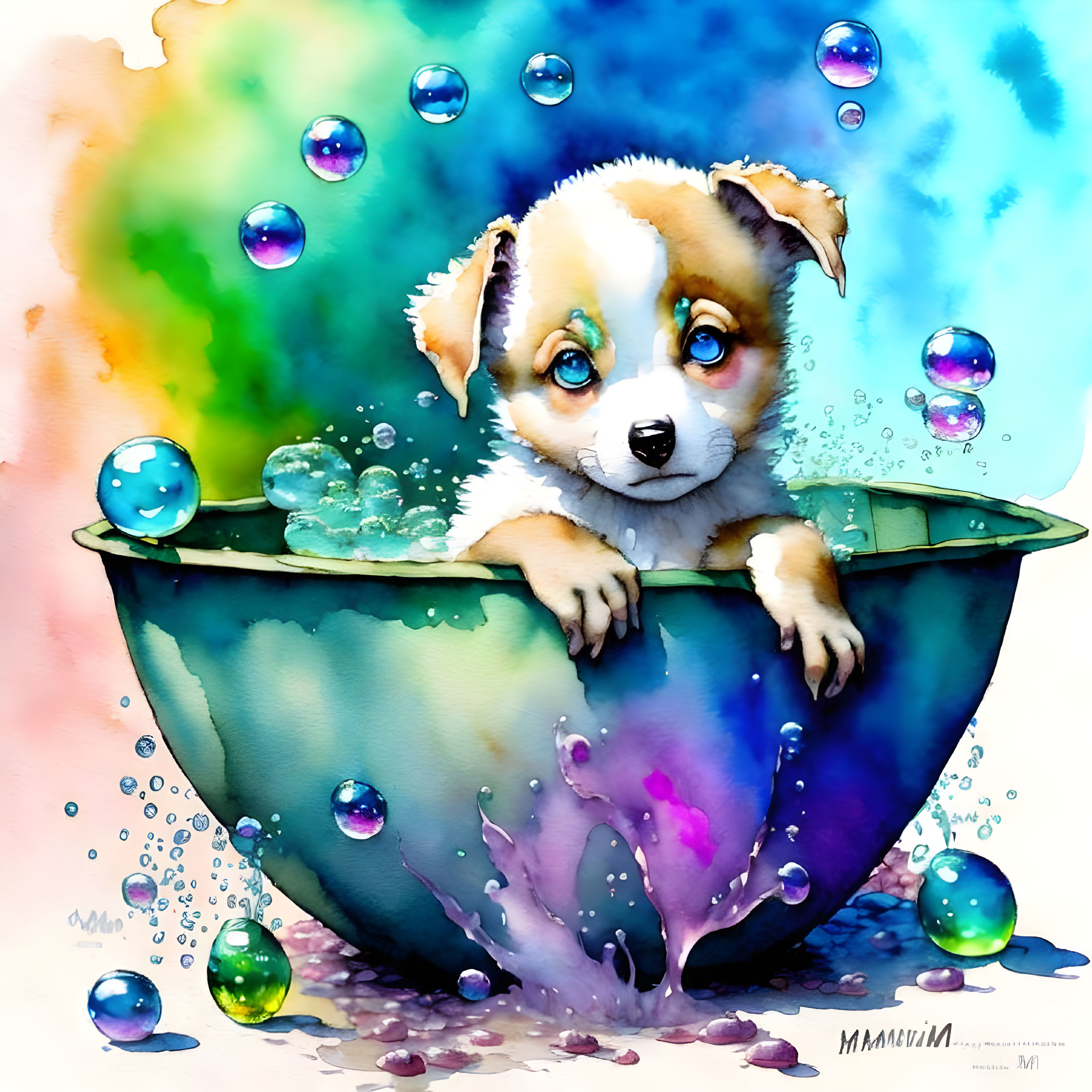 Vibrant watercolor illustration of a cute puppy in a bathtub