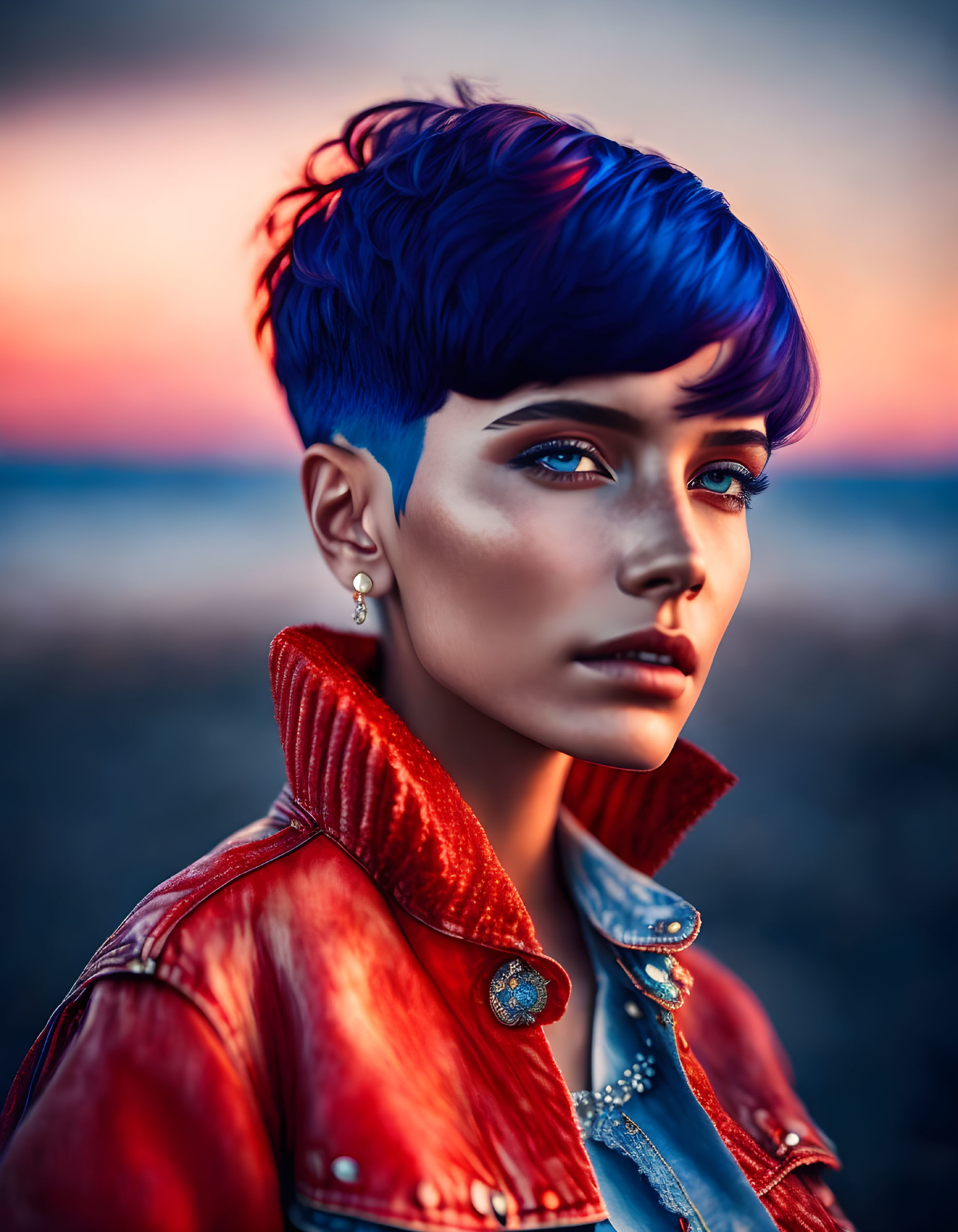 Portrait of a person with blue hair and striking eyes in red leather jacket.