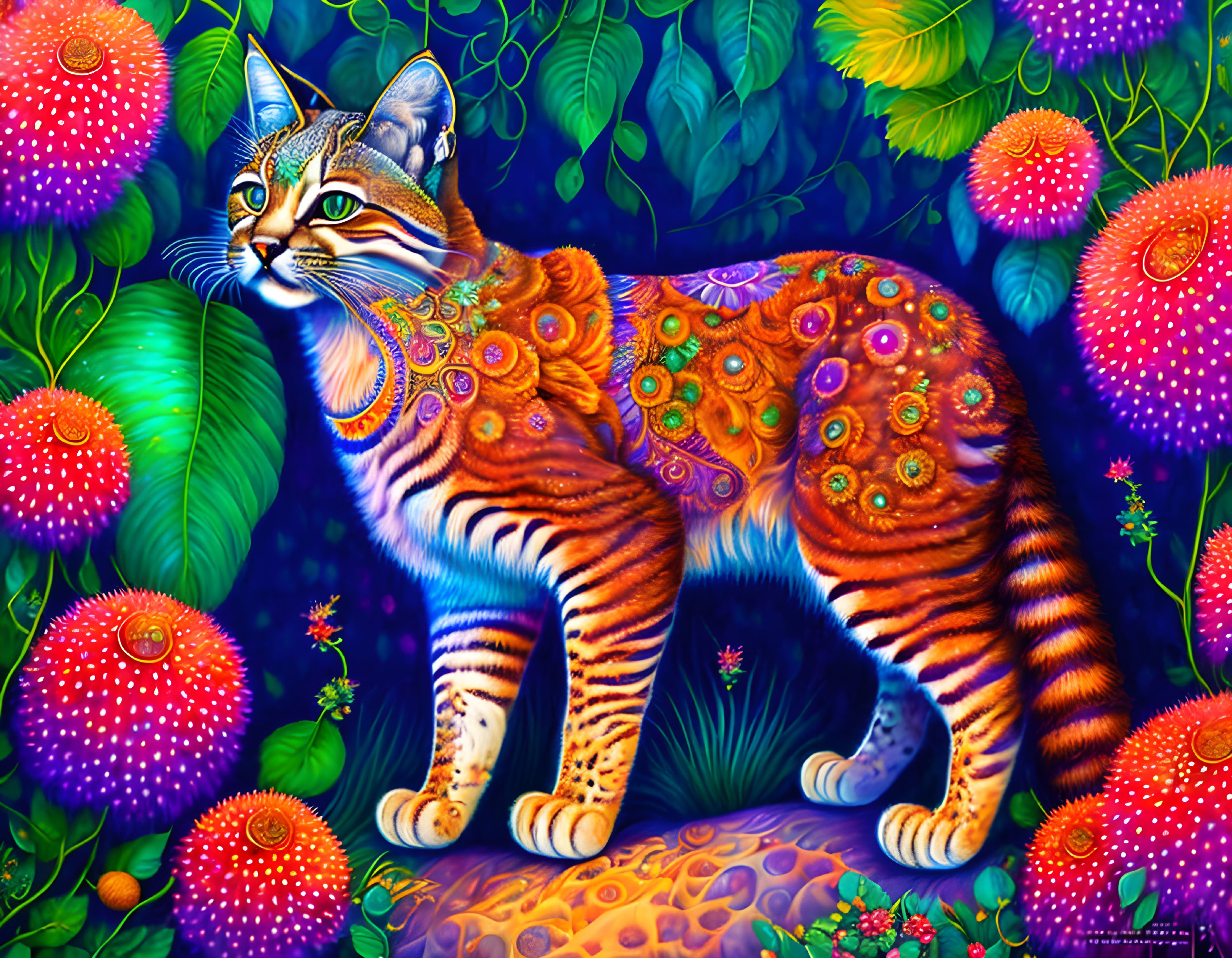 Colorful Patterned Cat in Lush Foliage with Fantasy Atmosphere