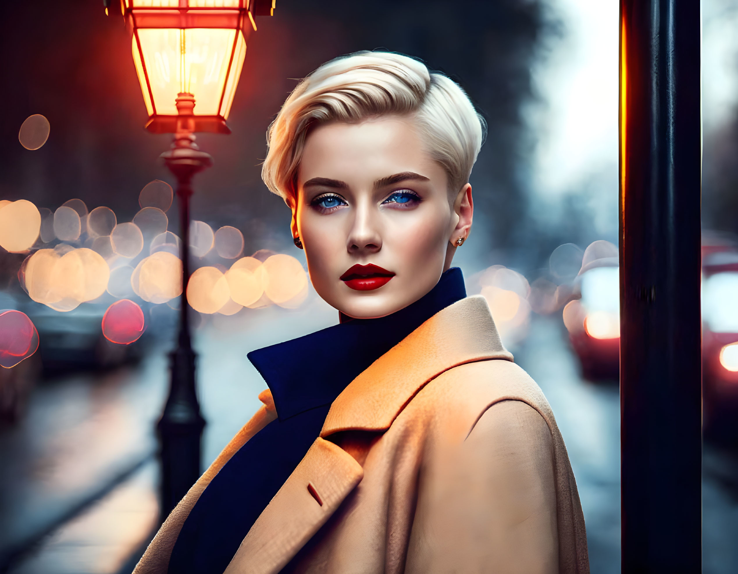 Blonde Woman in Beige Coat by Streetlamp