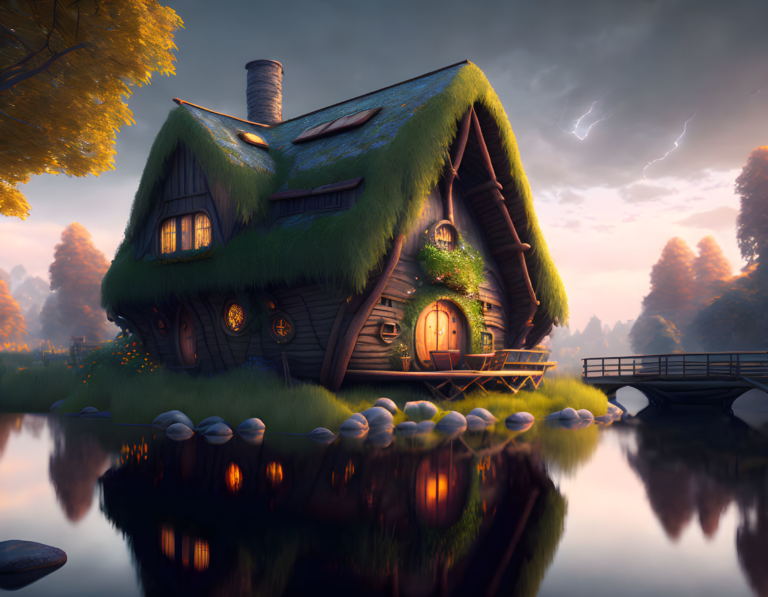 Fantasy cottage with grassy roof beside lake at sunset with lightning reflection.