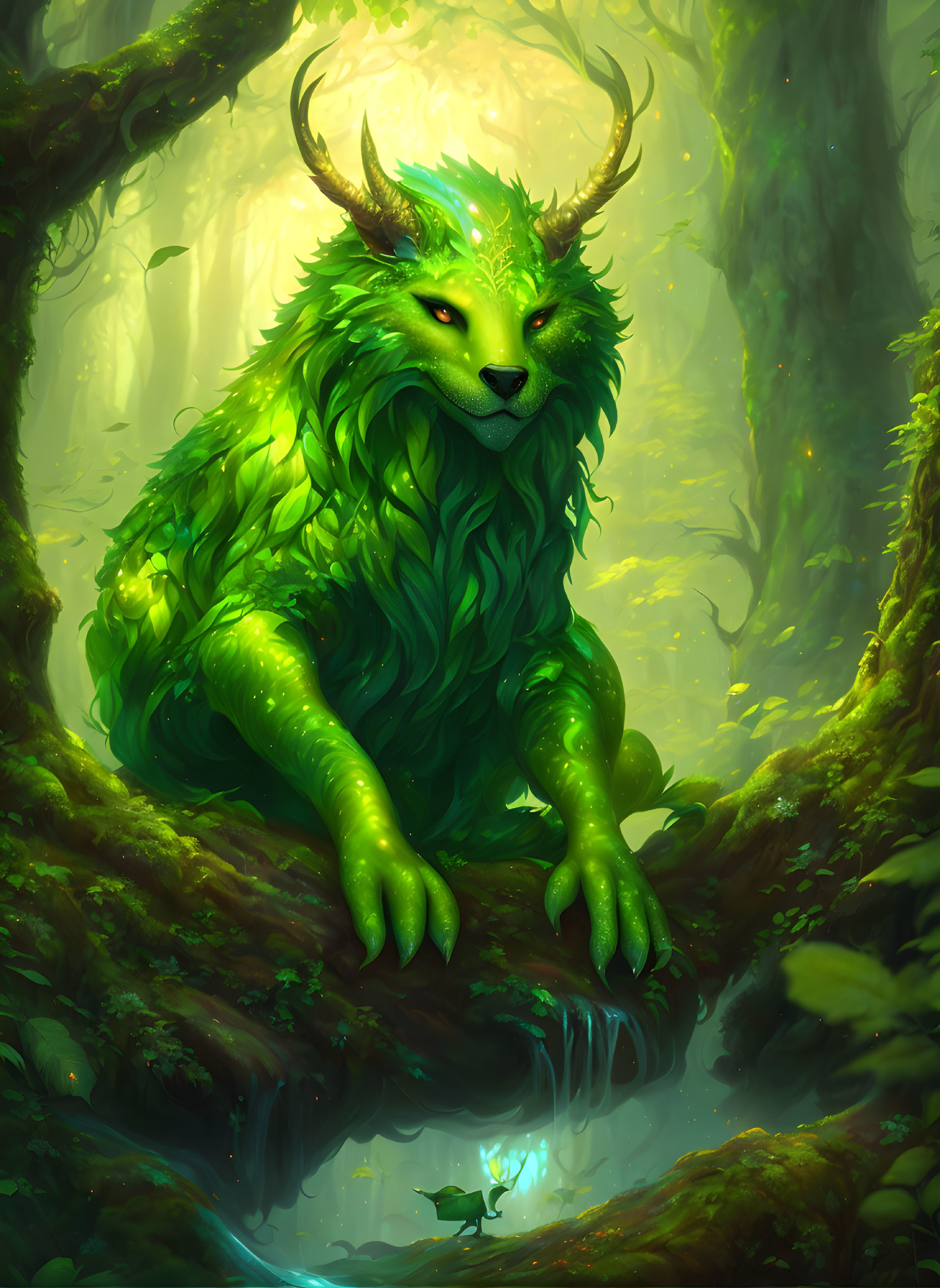 Luminous green forest creature with antlers on mossy log