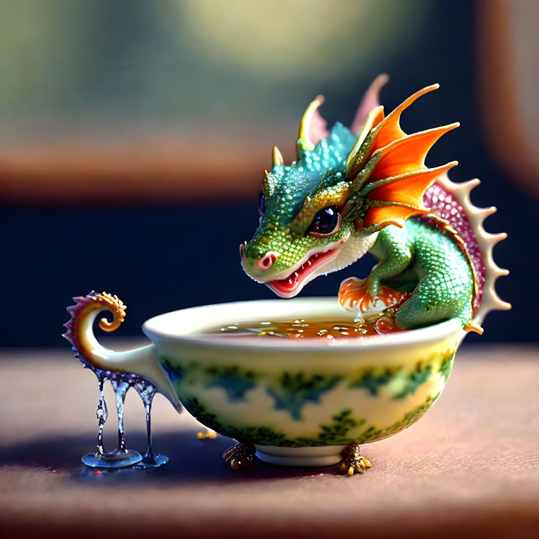 Colorful miniature dragon sipping from ornate teacup with green scales and orange crests