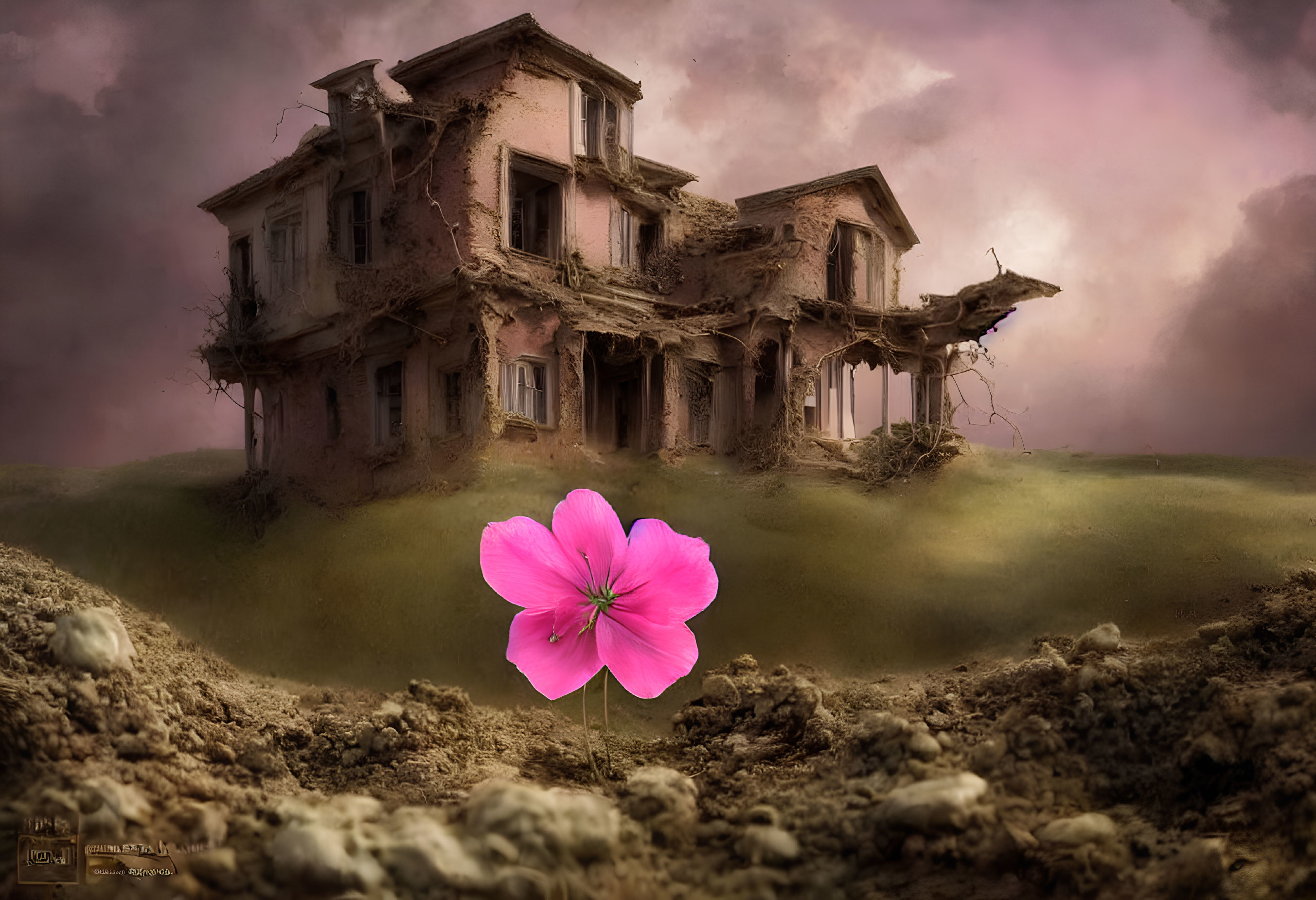 Vibrant pink flower in foreground of desolate scene with dilapidated house.