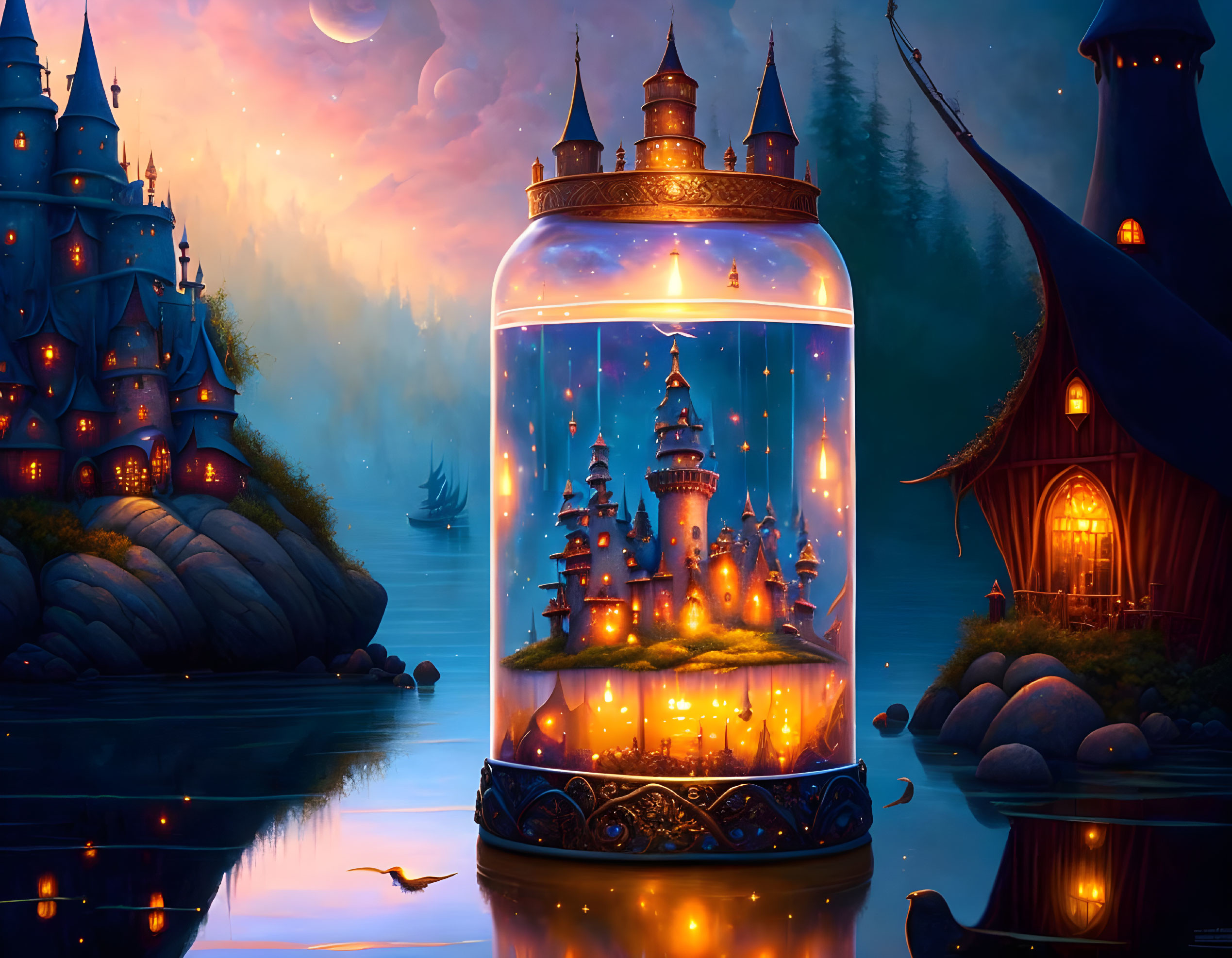 Fantasy scene: Glowing castle in jar, serene lake, enchanting structures