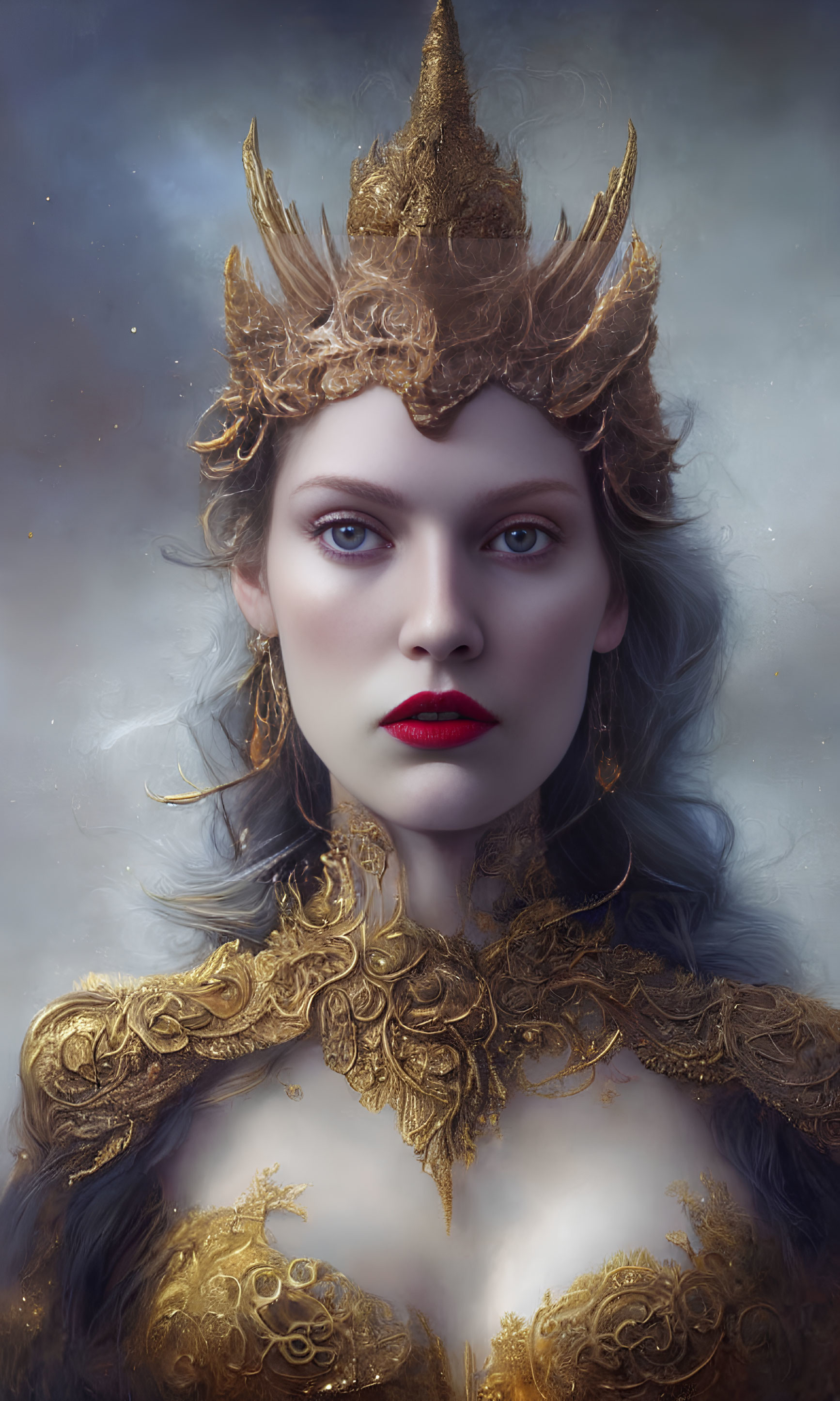 Portrait of woman with blue eyes, red lips, ornate crown, intricate designs, soft background