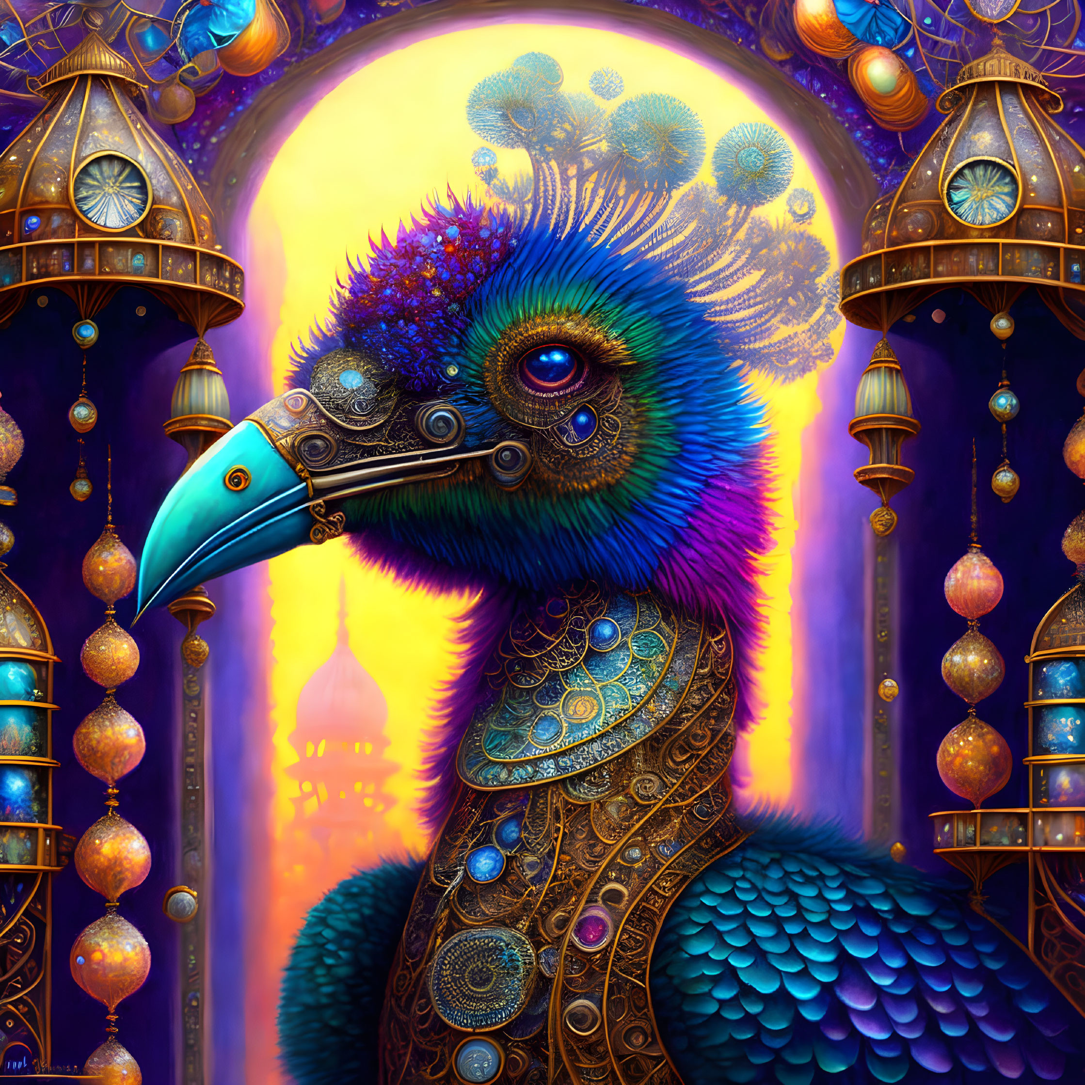 Colorful peacock with steampunk mask in exotic setting