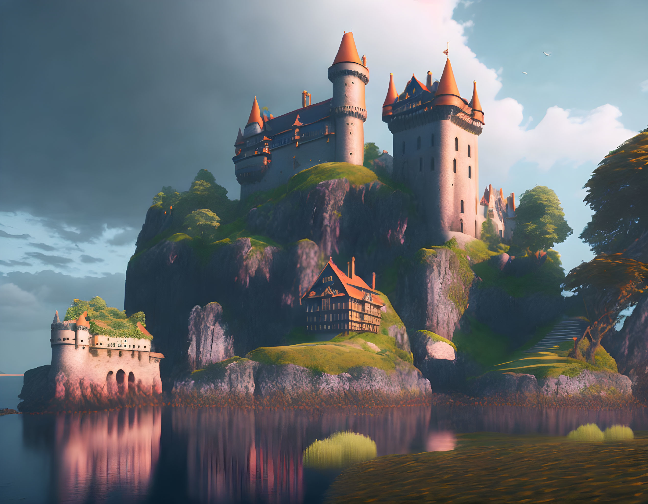 Majestic fairytale castle on green cliff by serene lake