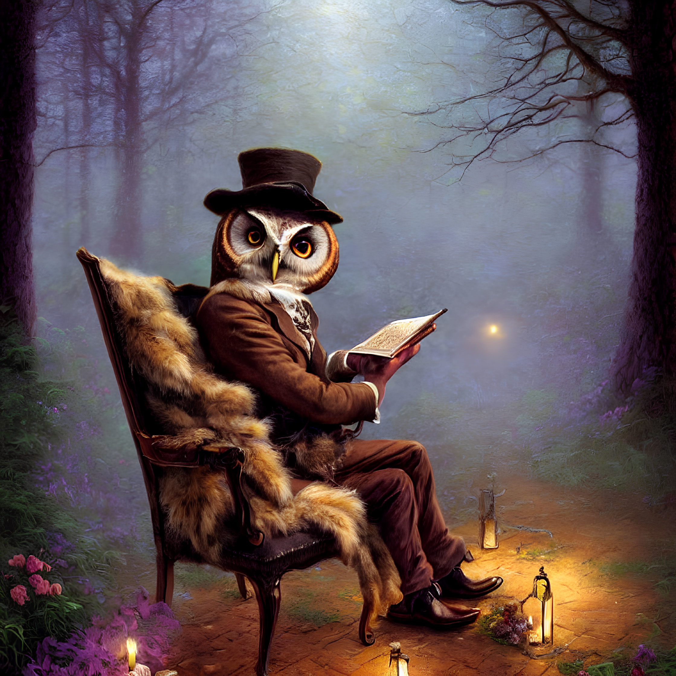 Anthropomorphic owl reading book in formal attire in misty forest.