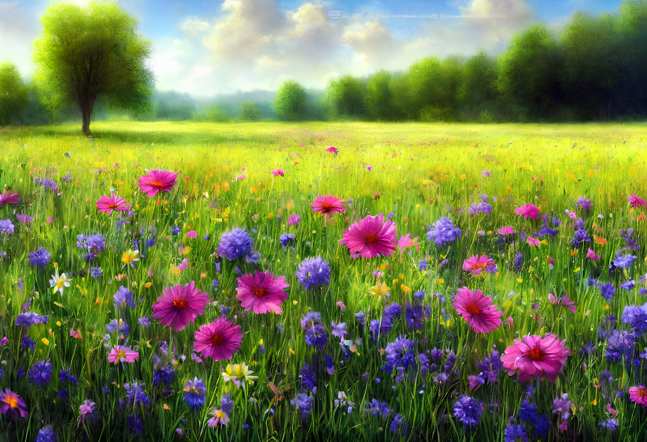 Colorful Flower Meadow with Tree and Clear Sky