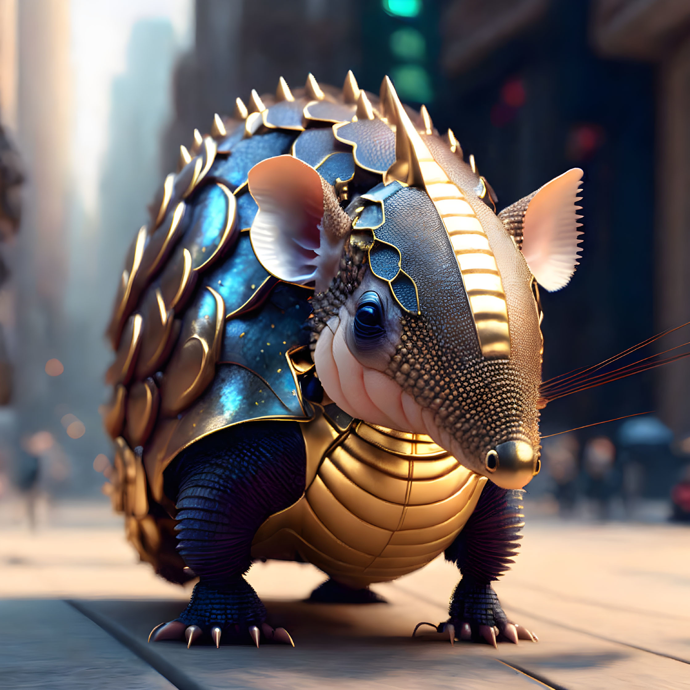 Armored armadillo with mechanical parts in urban setting.