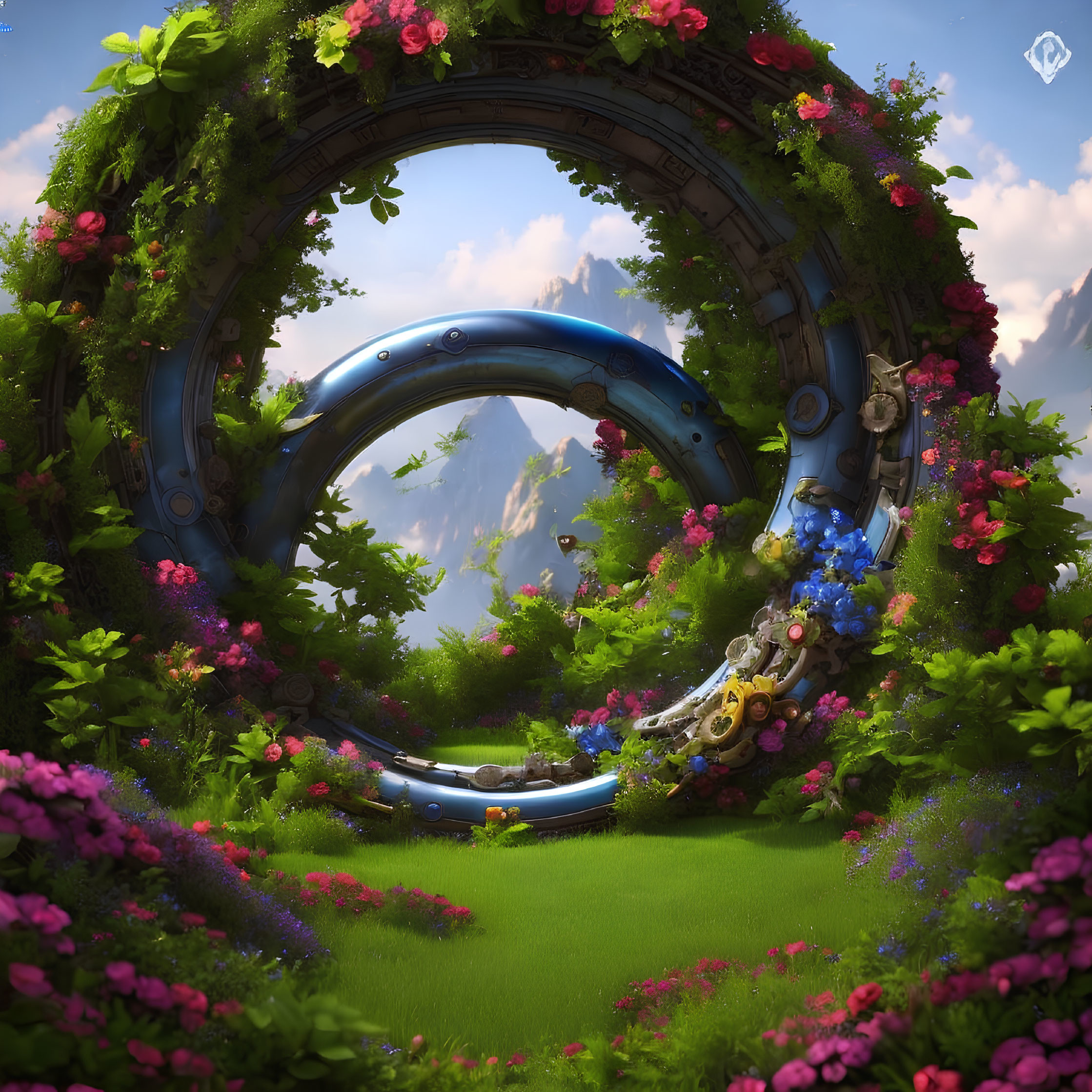 Fantastical landscape with circular mechanical arch and mountain views