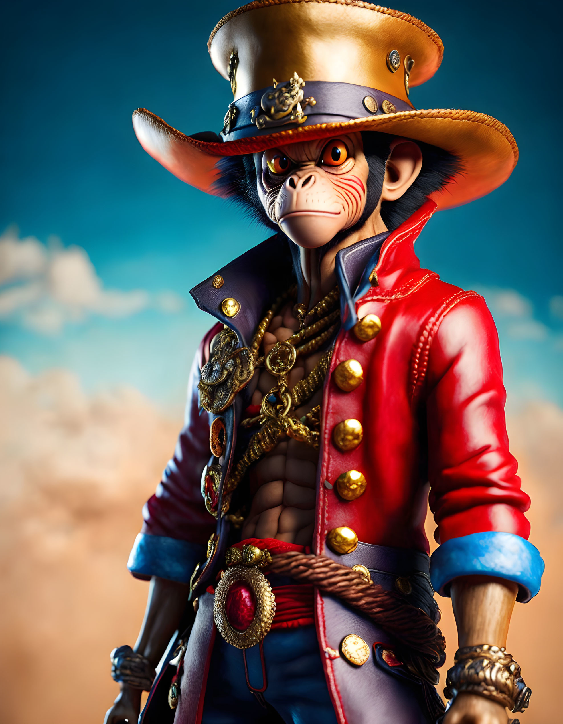 Detailed Monkey Pirate Figure with Red Coat & Hat